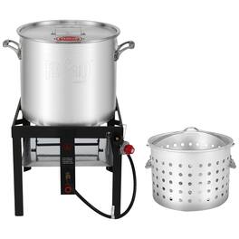 FEASTO - 80 QT Seafood Boil Pot and Burner Kit with 100,000 BTUs, 10 PSI Regulator for Crawfish, Shrimp, Crab Cooking - Silver