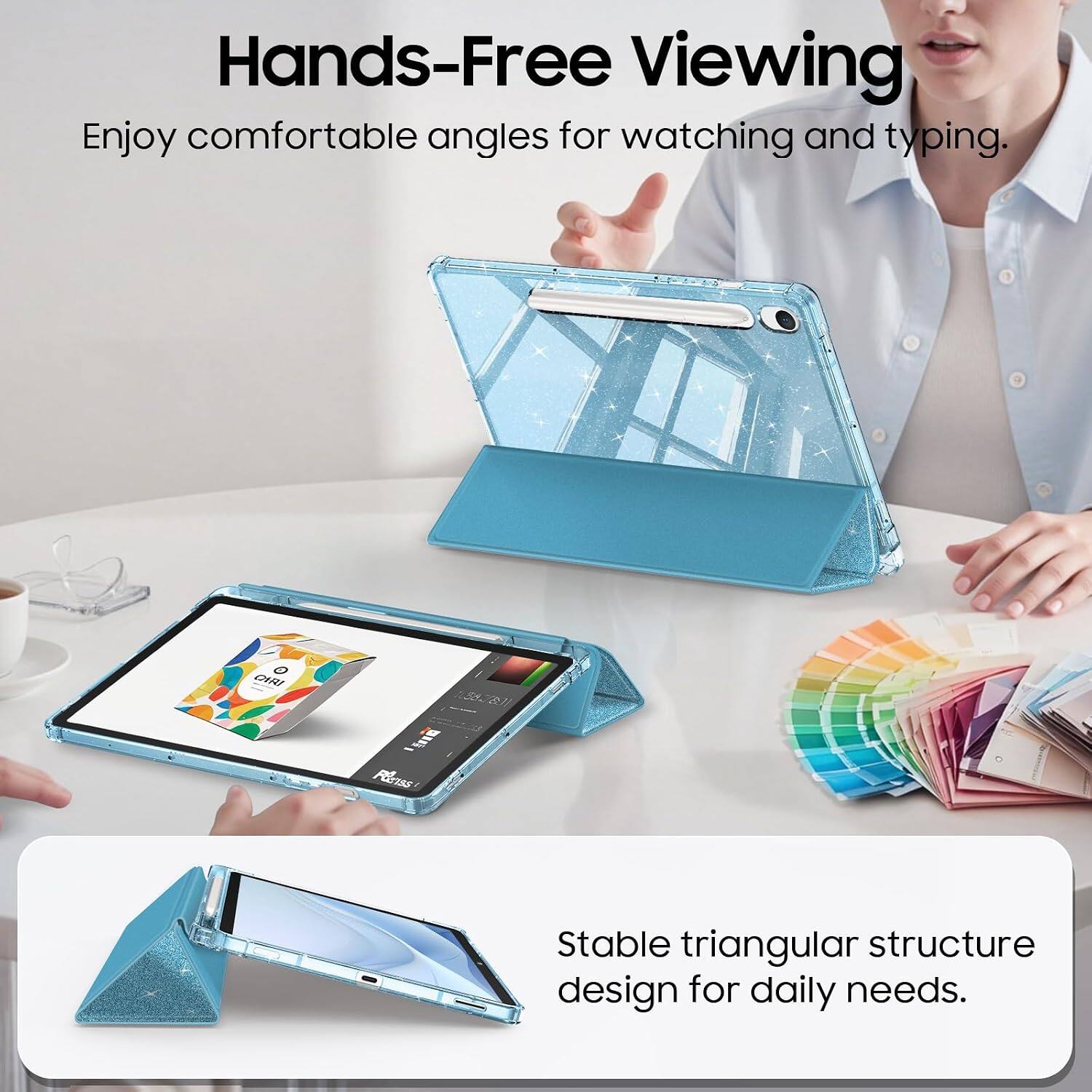 Hands-Free Viewing  
Enjoy comfortable angles for watching and typing.  

Stable triangular structure design for daily needs.