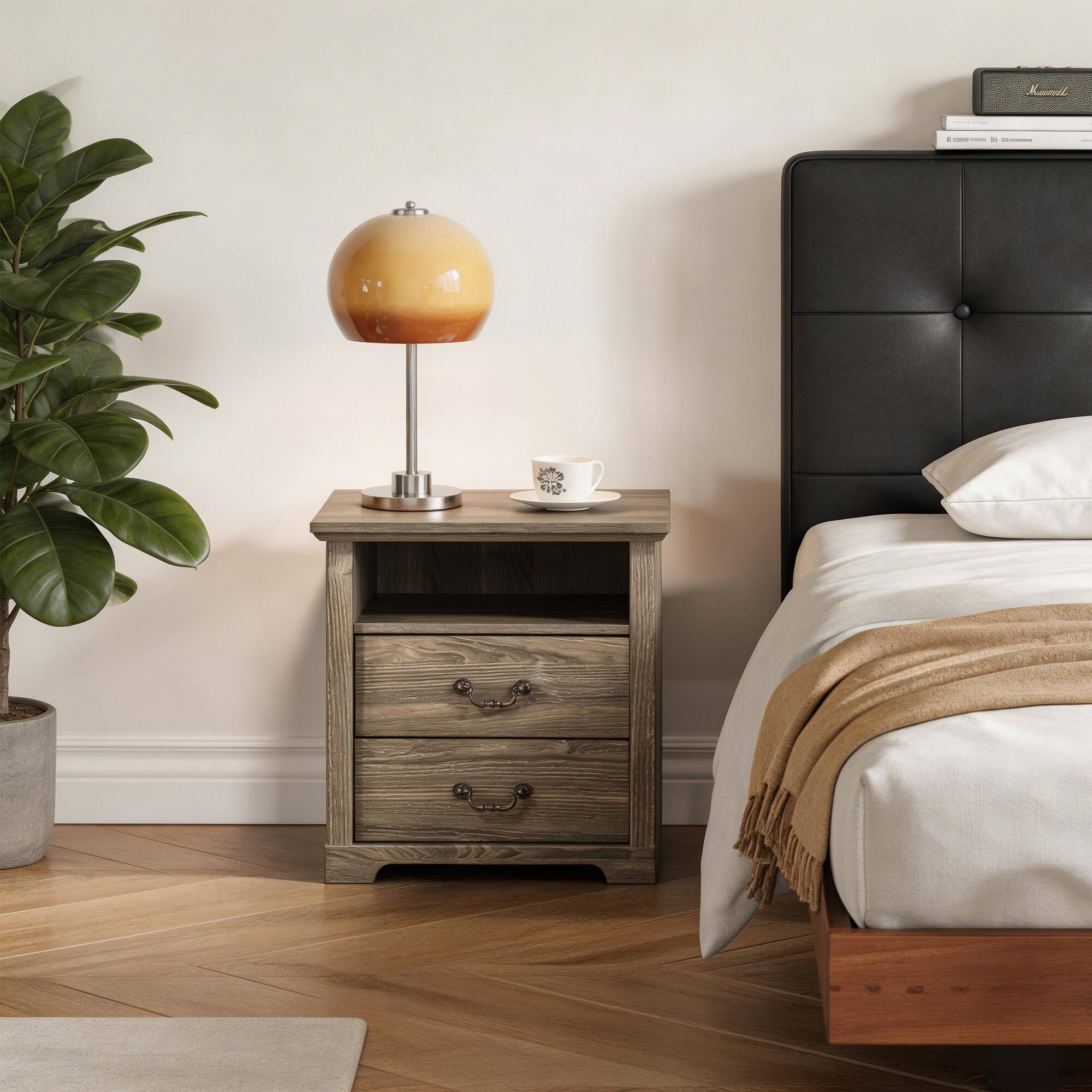 Front. Vaczon - Rustic Grey Nightstand Bedside Table with Open Shelf and 2 Drawers - Grey.