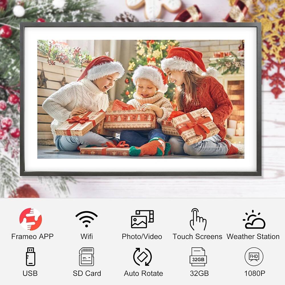 Frameo APP  
Wifi  
Photo/Video  
Touch Screens  
Weather Station  
USB  
SD Card  
Auto Rotate  
32GB  
1080P