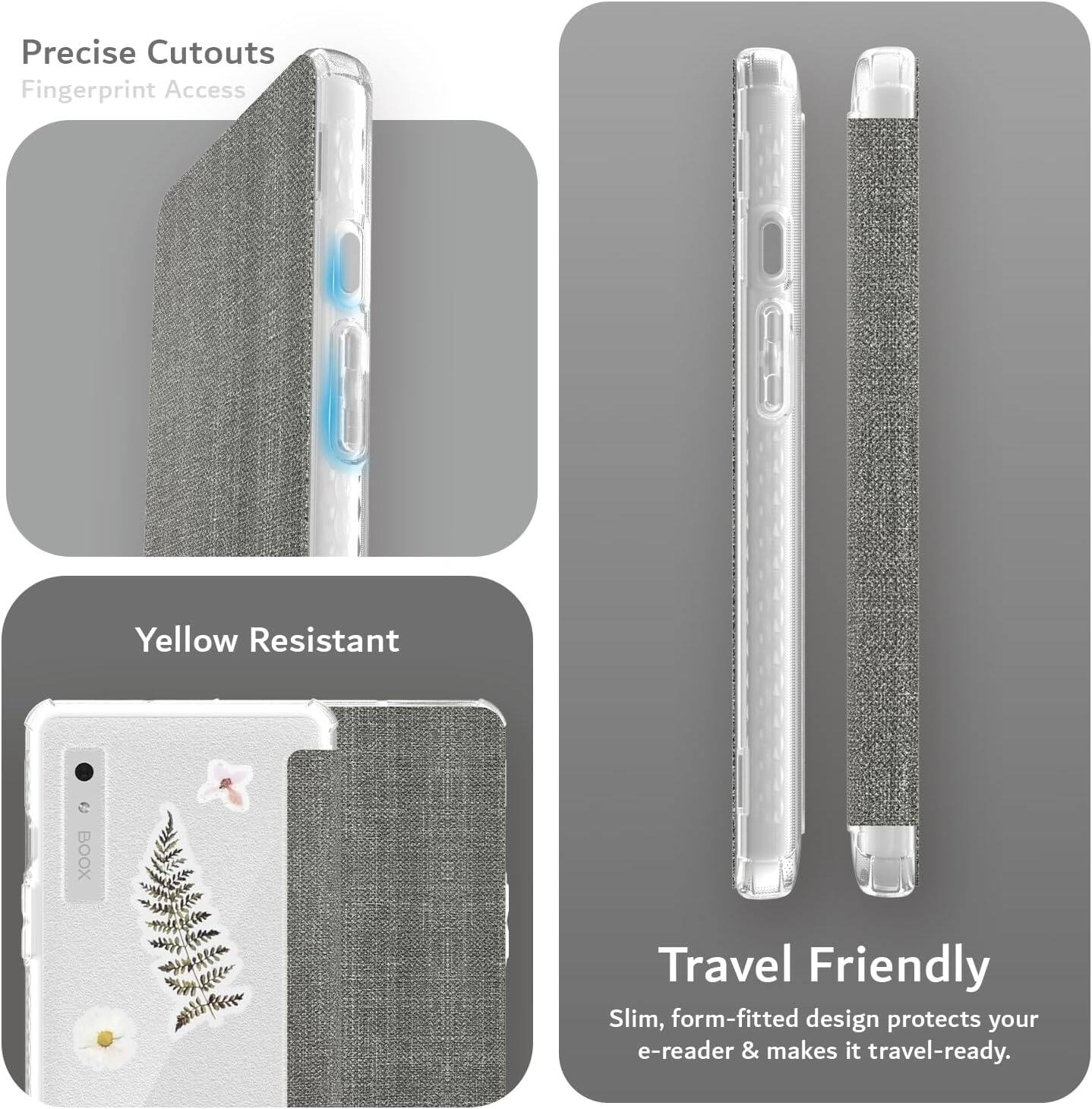 Precise Cutouts  
Fingerprint Access  

Yellow Resistant  

Travel Friendly  
Slim, form-fitted design protects your e-reader & makes it travel-ready.