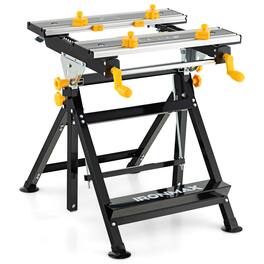 Gymax - Folding Work Table Portable Workbench w/ Adjustable Height & Tiltable Platform - Black+Silver