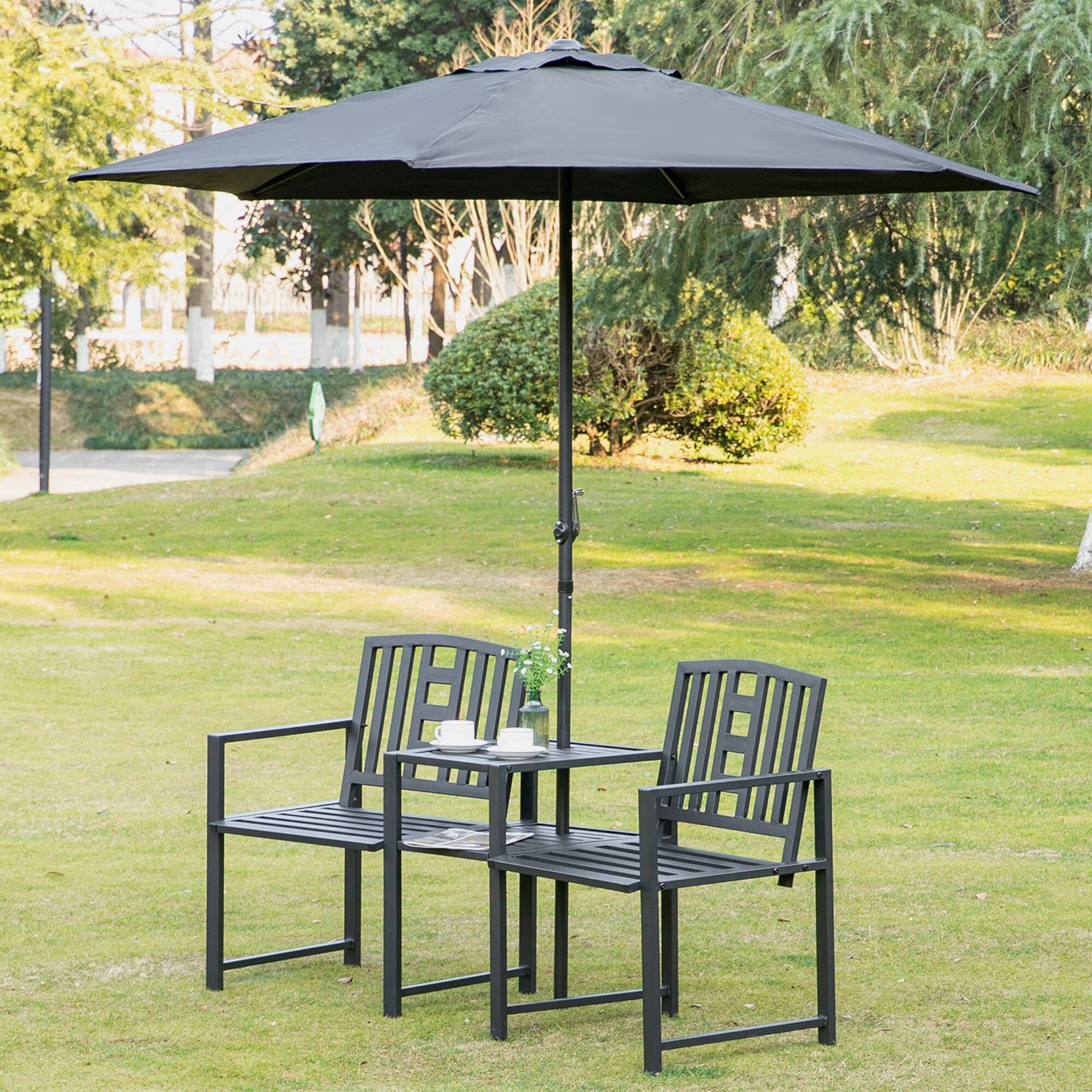 Alt View 1. Outsunny - Garden Bench with Middle Table and Umbrella Hole, 2-in-1 Double Patio Chairs, Outdoor 2-person Tete-a-Tete - Black.