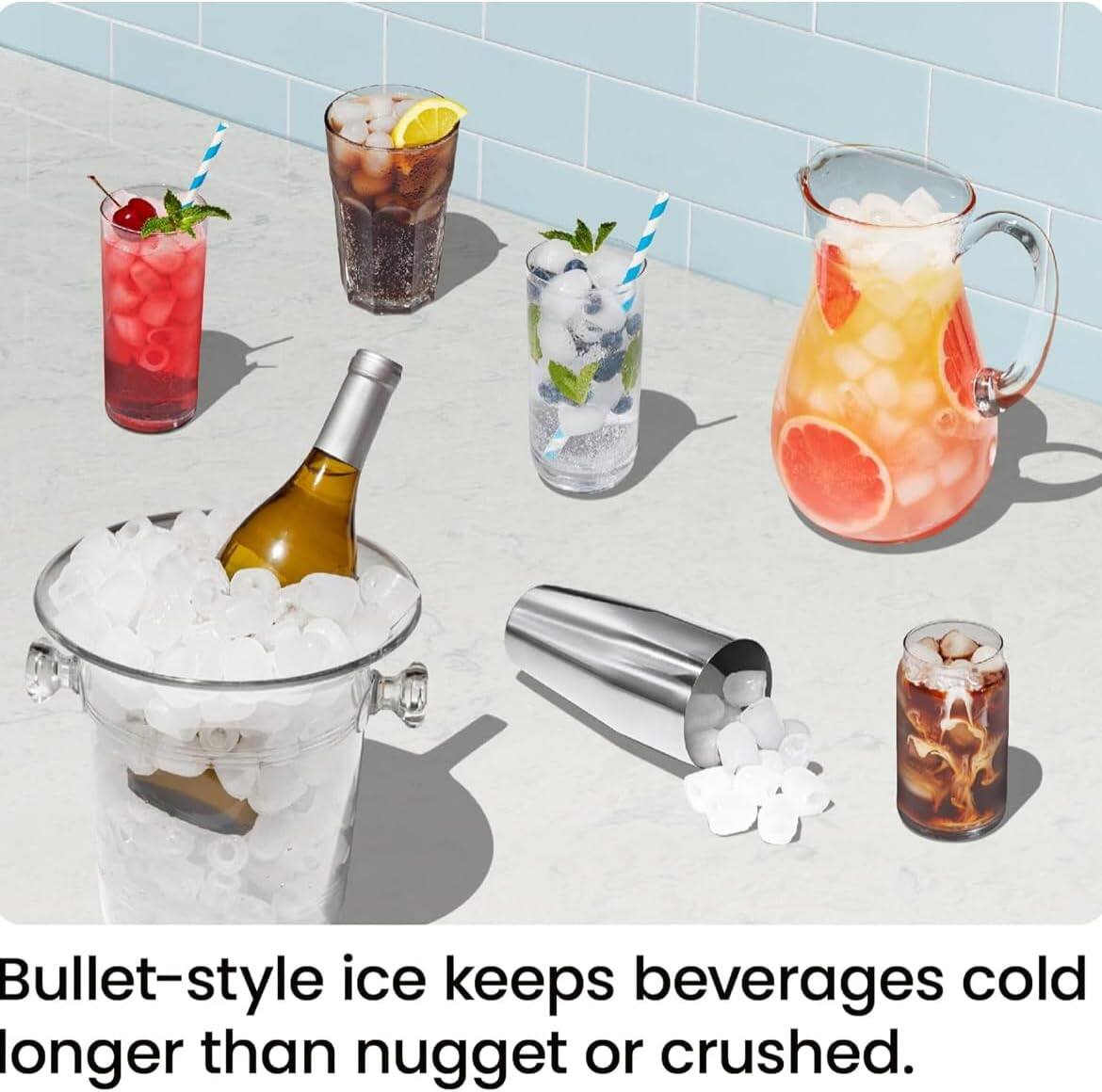 Bullet-style ice keeps beverages cold longer than nugget or crushed.