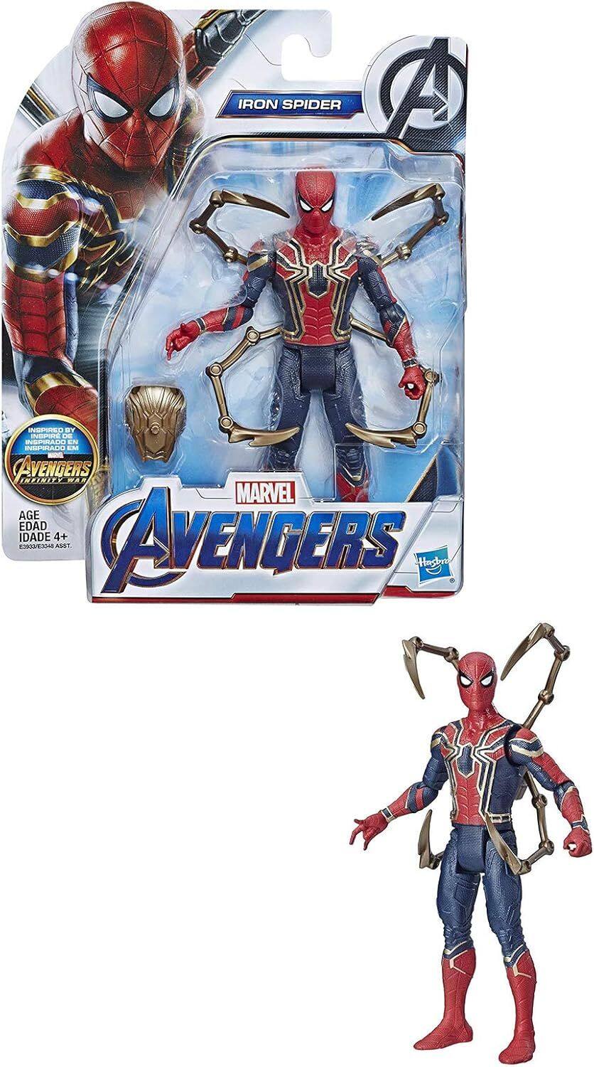 The text on the image is: "IRON SPIDER A INSPIRADO EN OGAVENGERS INFINITY WAR MARVEL AGE EDAD 4+ CAVENGERS EX3ESO4 ASST Hasbro." 

Corrected and grouped text: "Iron Spider, a figure inspired by the Avengers Infinity War, Marvel Age 4+, Avengers, Ex3eso4, Hasbro."