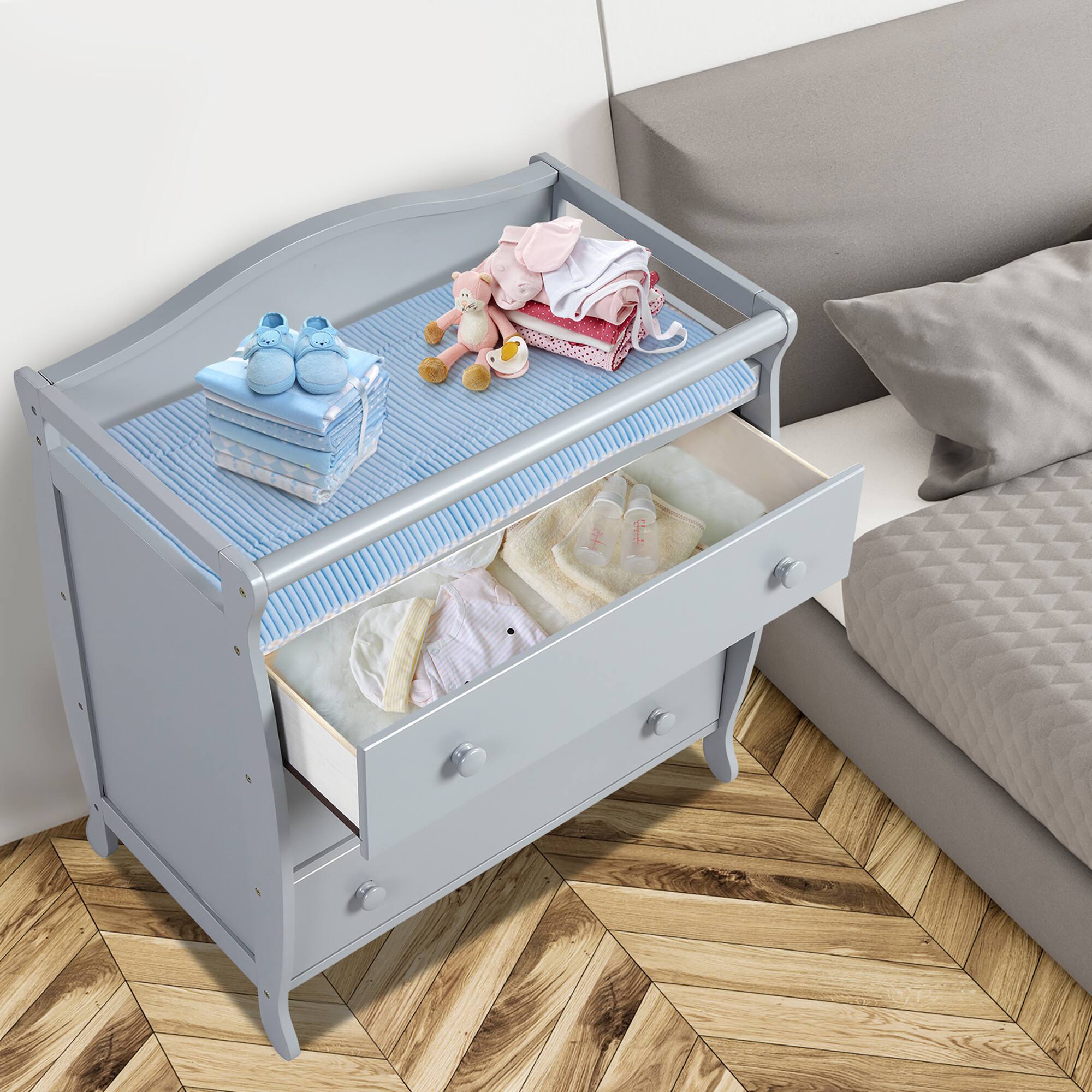 Alt View 1. Costway - Costway 3-Drawer Dresser Changing Table w/Safety Belt Guardrails for Kids' Room - Gray.