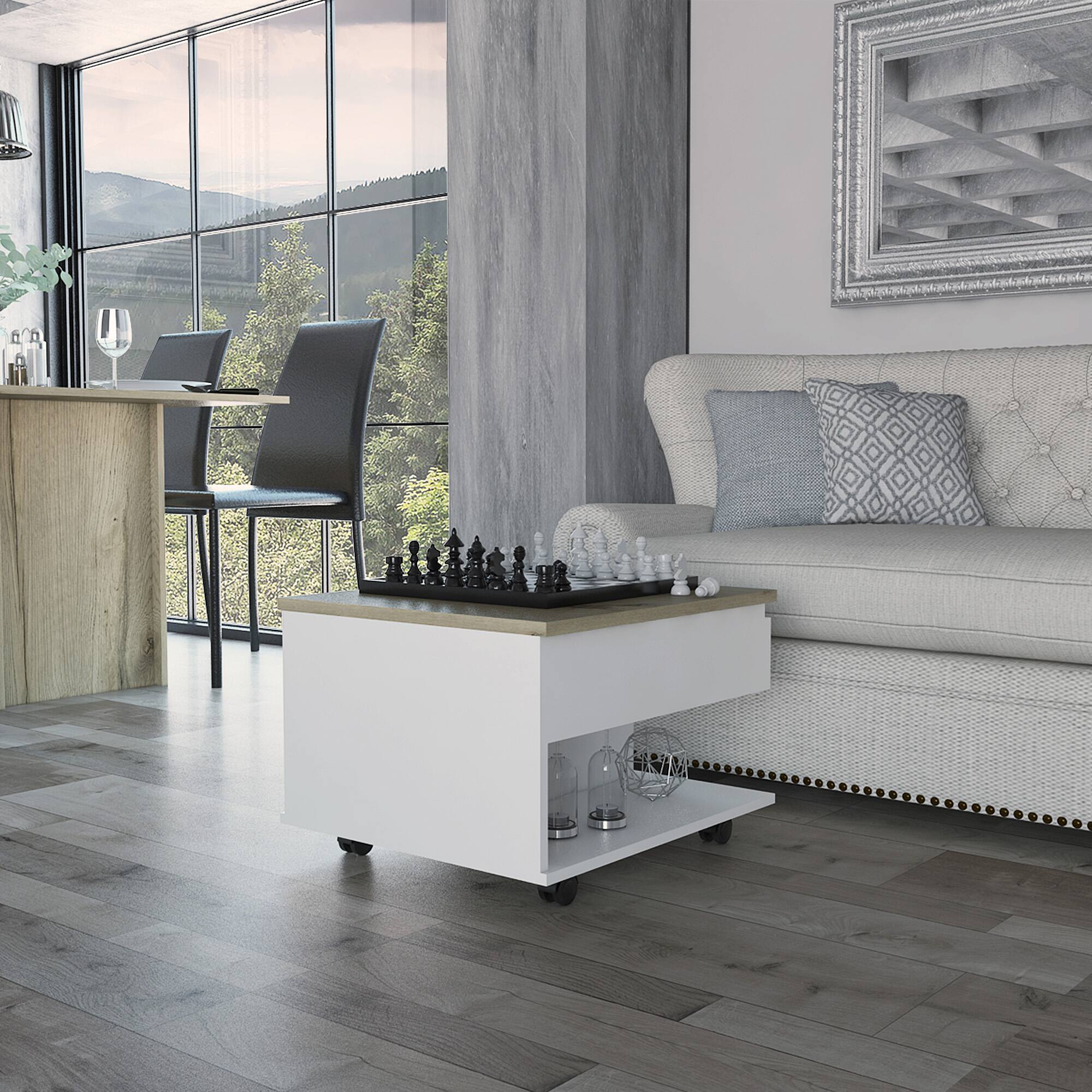 Angle. TuHome - Luanda Lift Top Coffee Table, Casters, One Shelf - White / Light Oak.