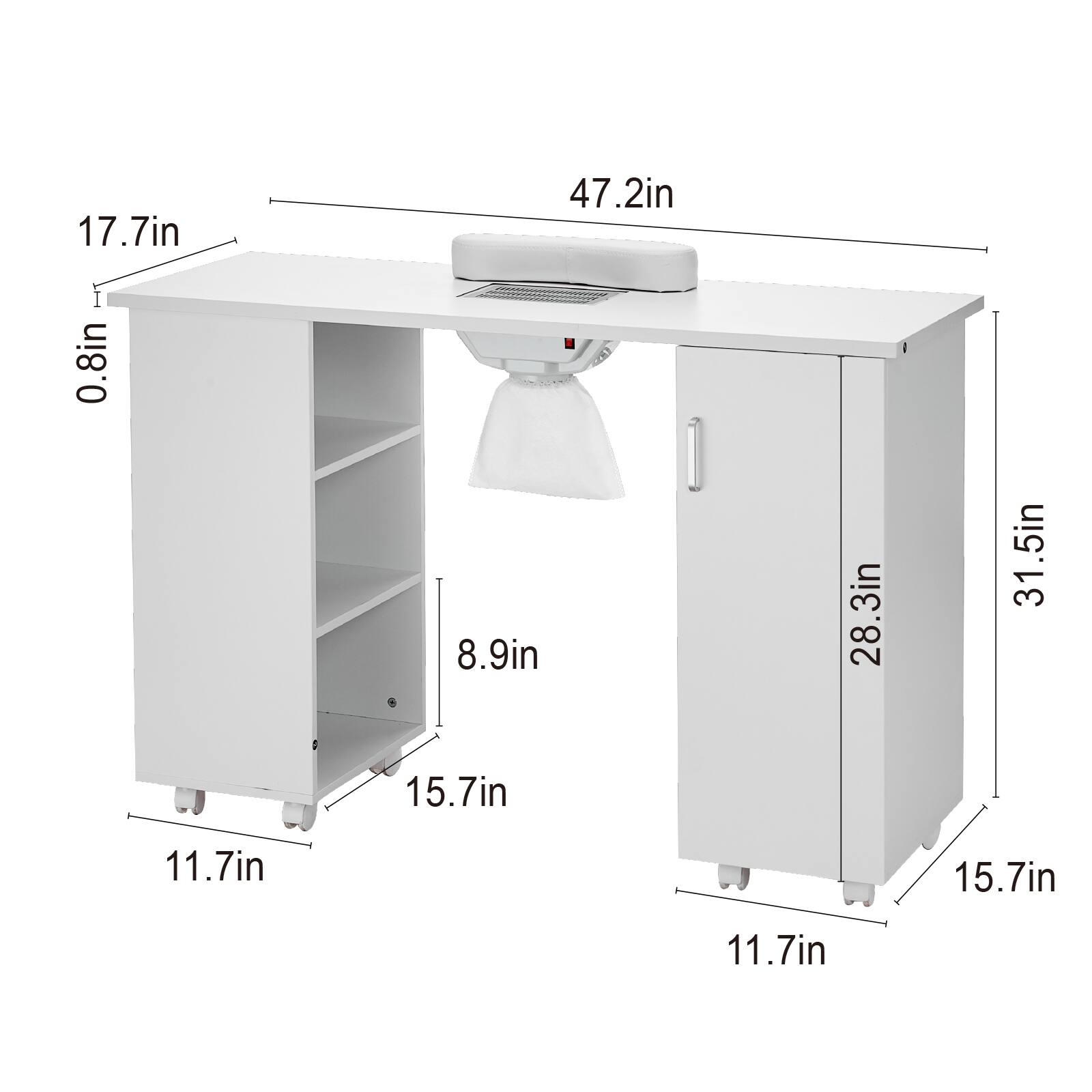 The dimensions of the table are as follows:

- Length: 47.2 inches
- Width: 17.7 inches
- Height: 31.5 inches
- Shelf height: 8.9 inches
- Shelf depth: 15.7 inches
- Leg width: 0.8 inches
- Leg height: 11.7 inches