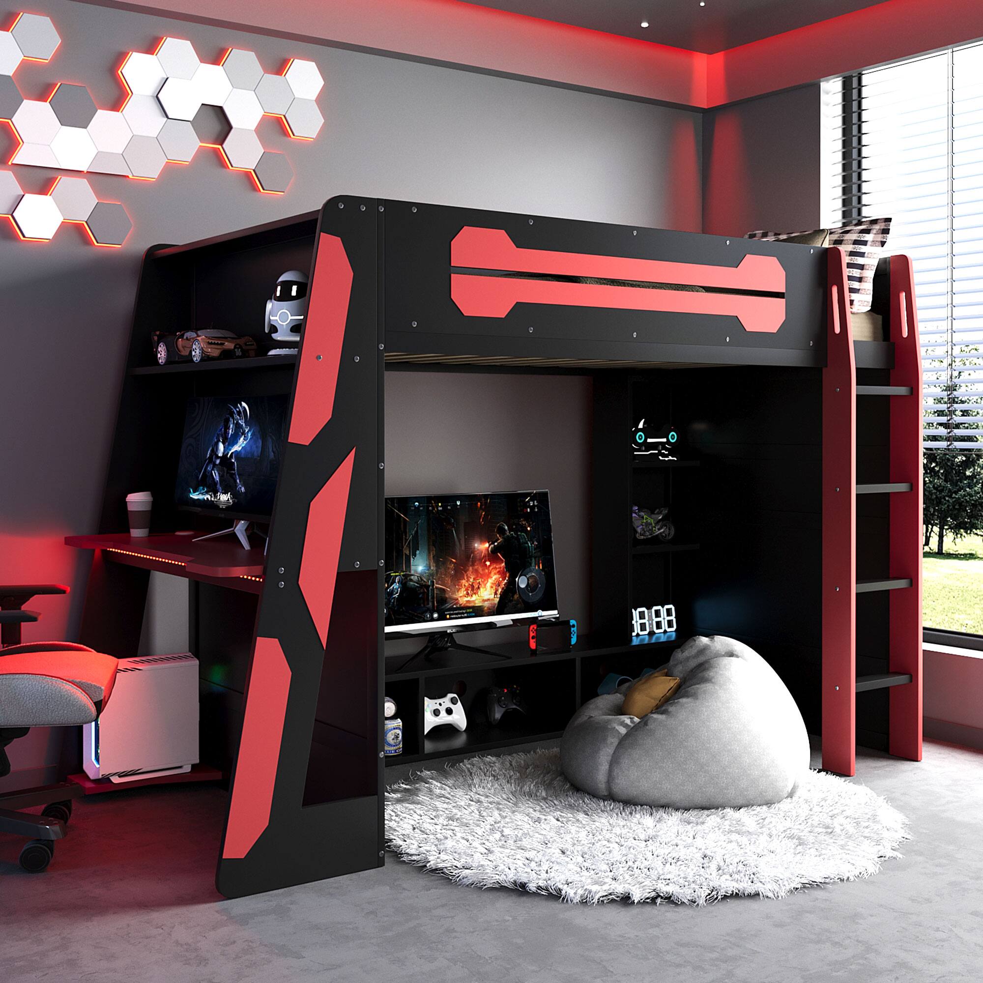 Angle. Anysun - Twin Size Wood Loft Bed with Desk, Multi-storage Shelves and RGB Light - Red.