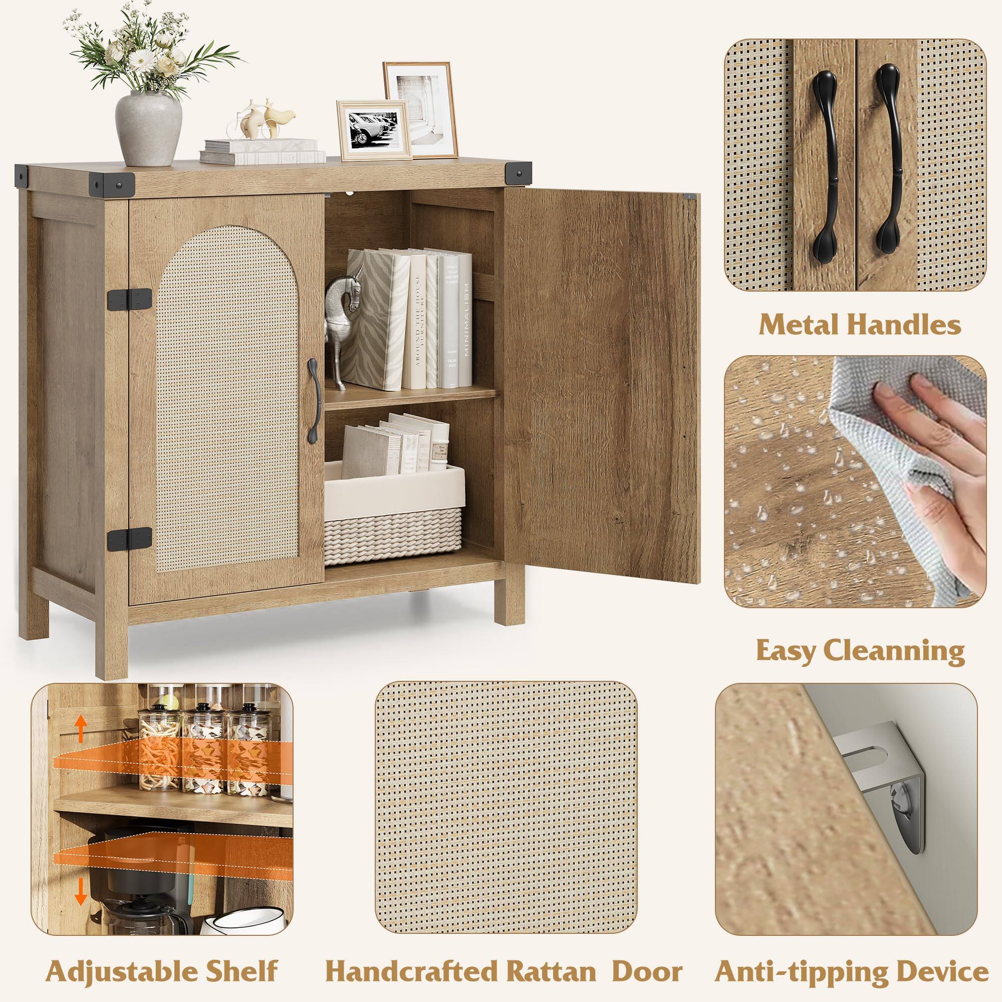 - Metal Handles
- Easy Cleaning
- Adjustable Shelf
- Handcrafted Rattan Door
- Anti-tipping Device