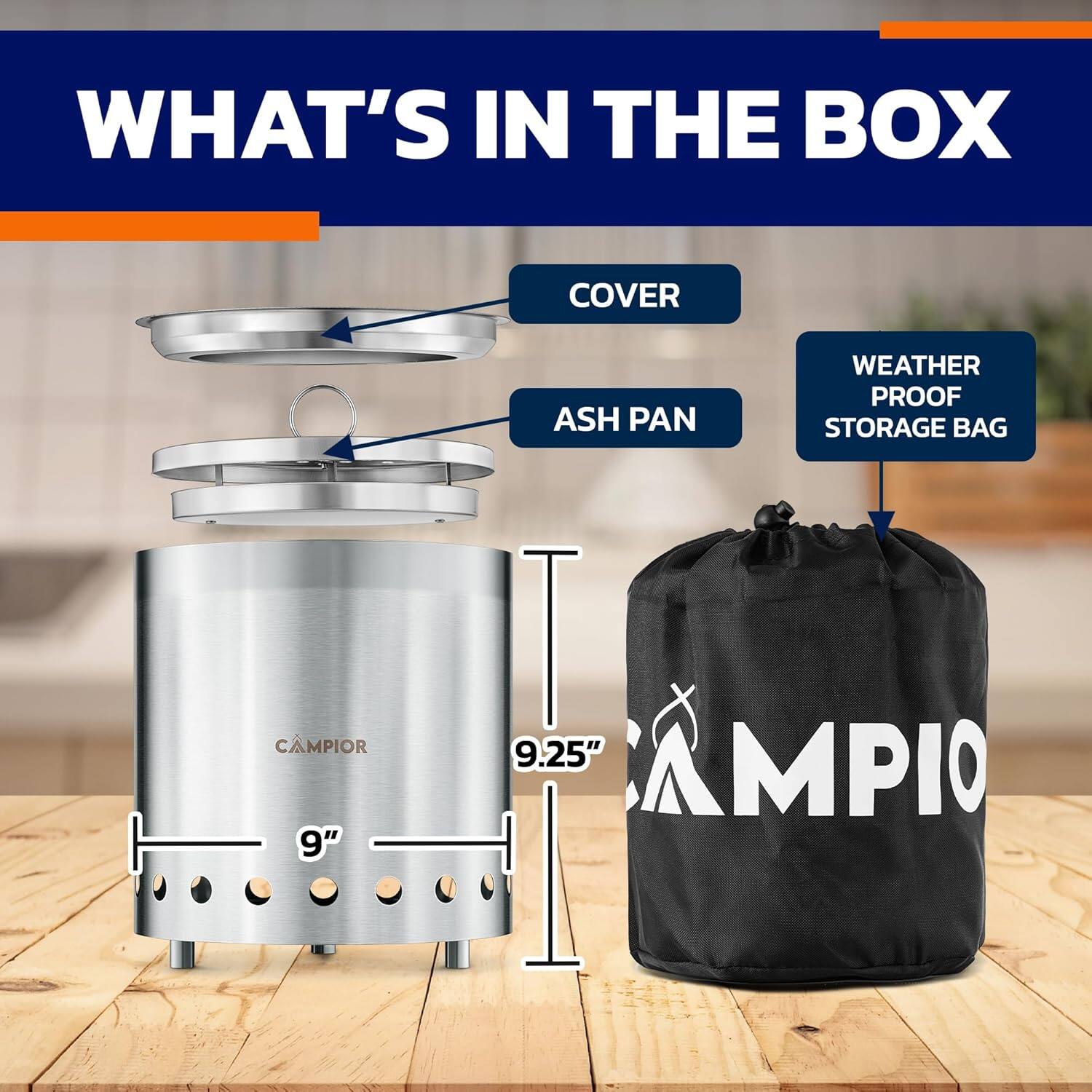 WHAT'S IN THE BOX, COVER, ASH PAN, WEATHER PROOF STORAGE BAG, CAMPIOR, 9", 9.25", CAMPIOR