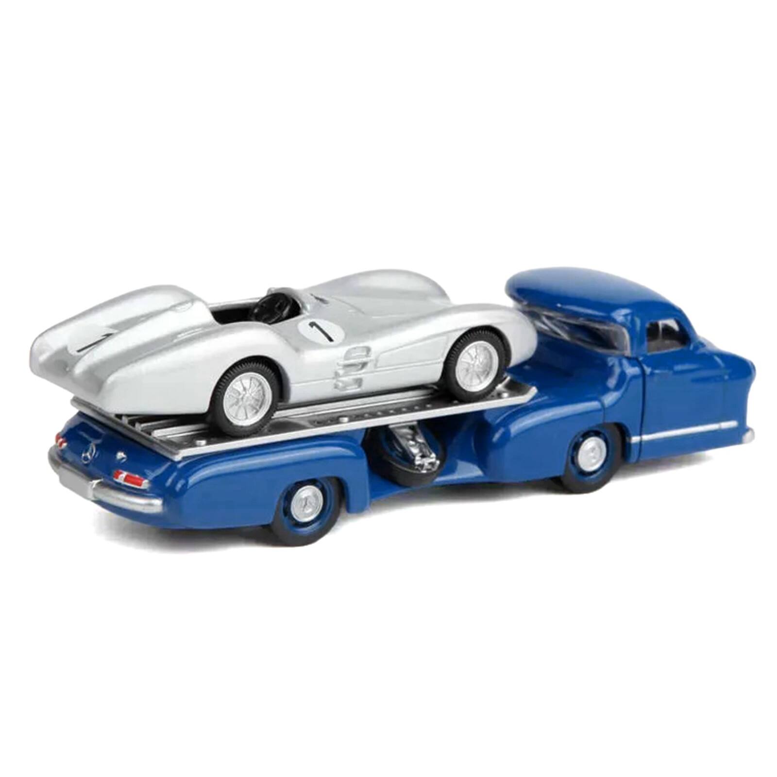 Alt View 3. Norev - Mercedes-Benz Renntransporter Flatbed Truck Blue & 1954 Mercedes-Benz W196 #1 Silver Met. 1/64 Diecast Models by Norev.