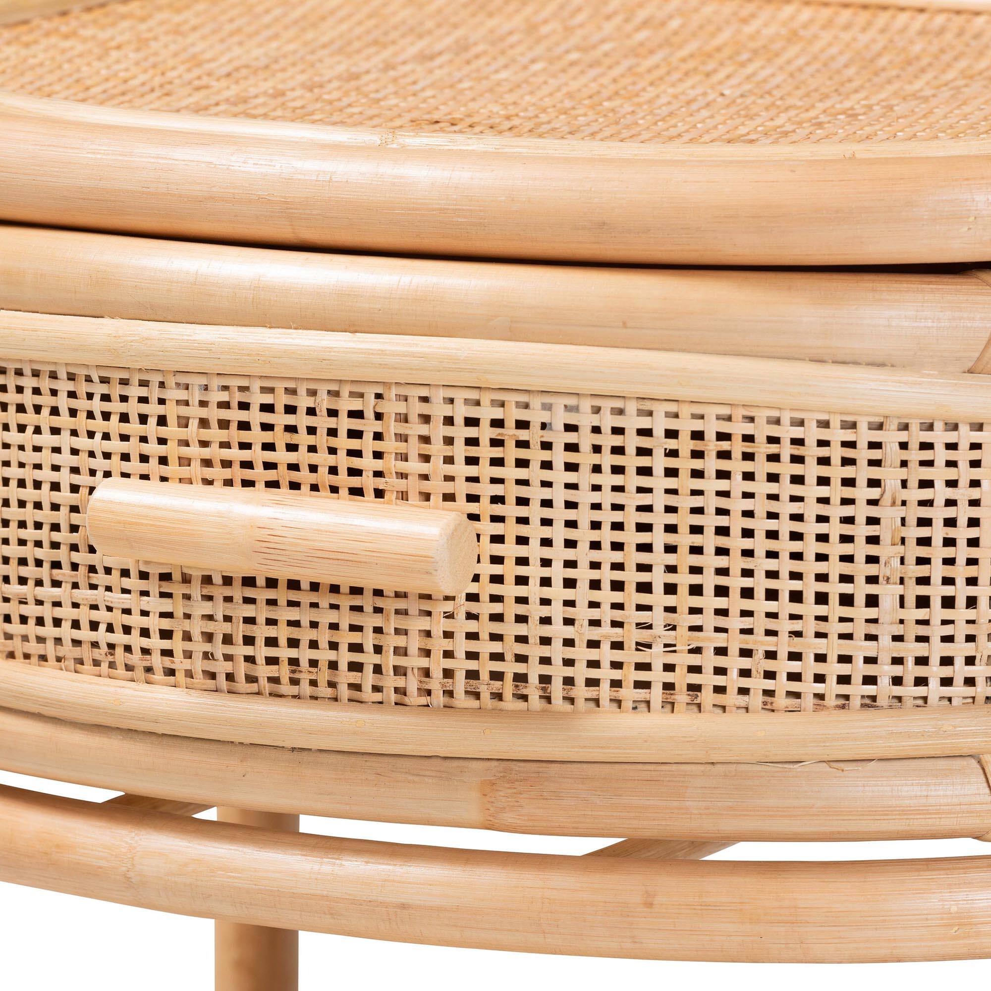 Alt View 1. bali & pari - Divitia Bohemian Natural Rattan 1-Drawer Nightstand - Natural.