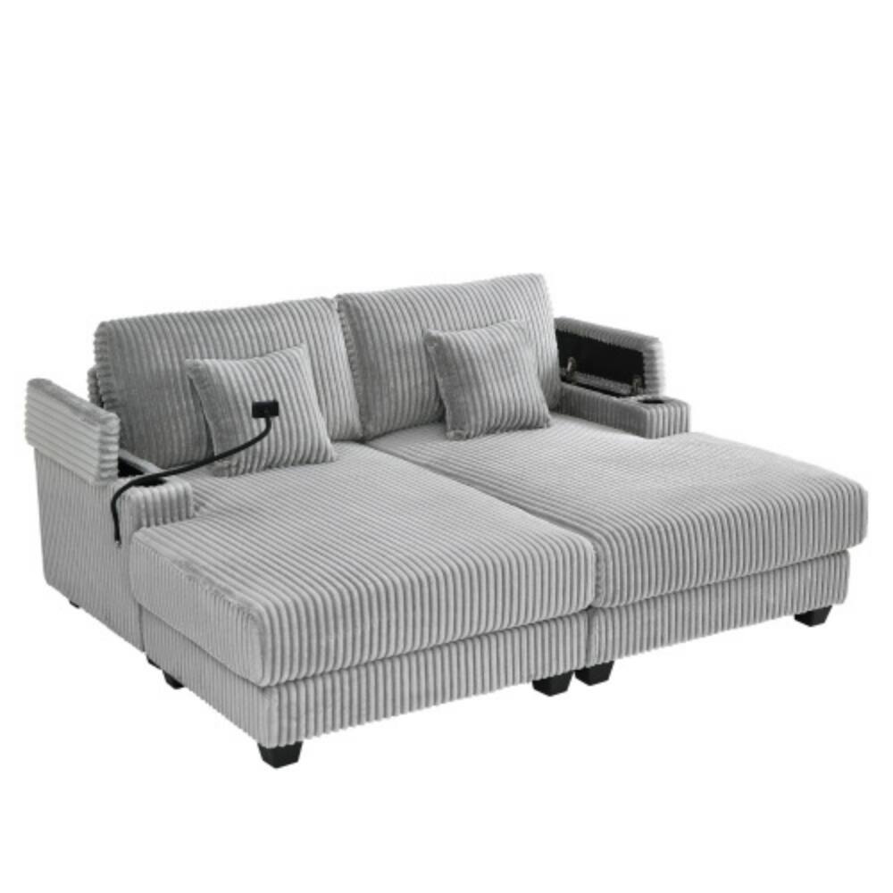 Alt View 5. LUCKY ONE - 75.5" Modern Chaise Lounge Sofa Loveseat w/ Adjustable Backrest Storage Cup Holders - Grey.