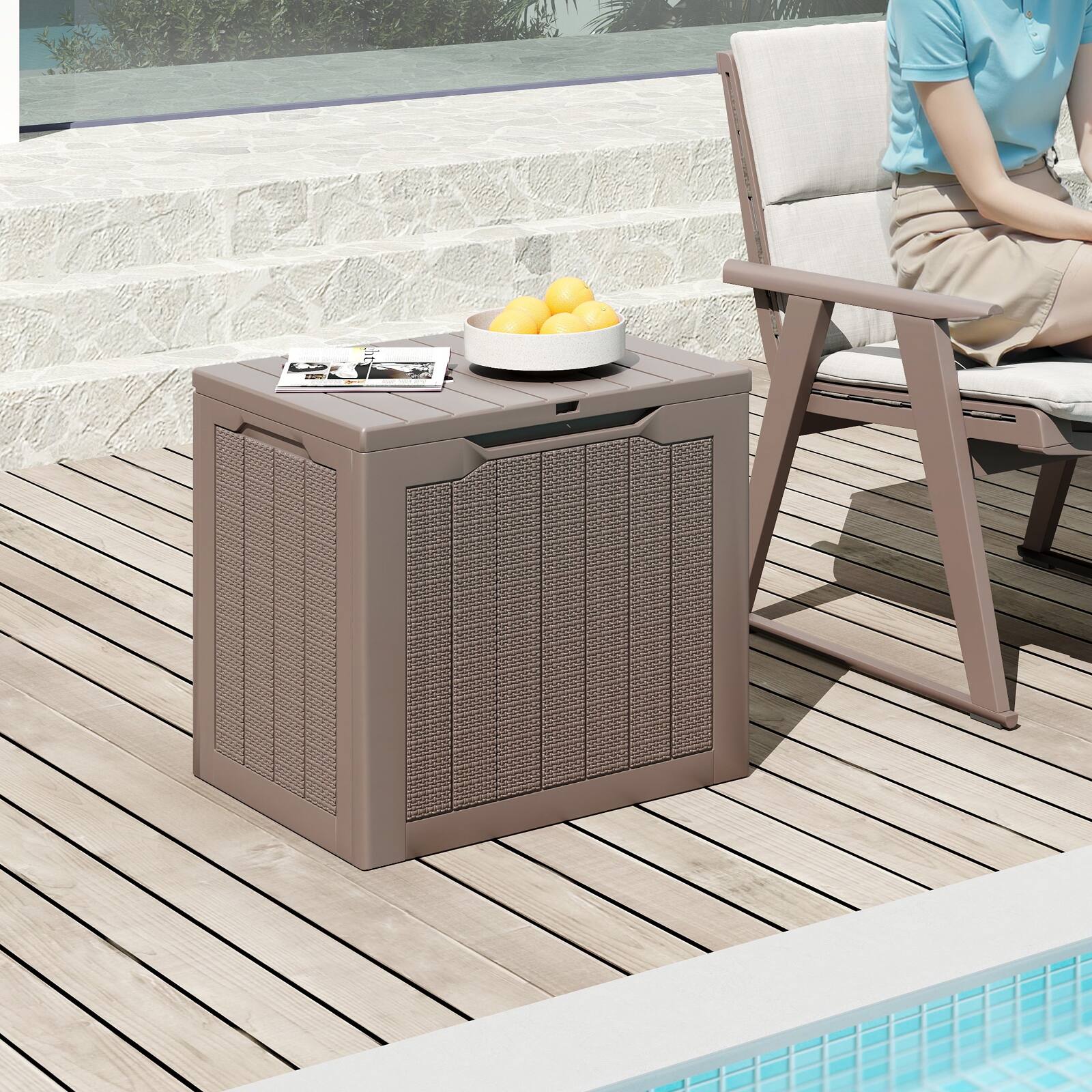 Alt View 3. Gymax - Gymax Outdoor Storage Box w/Lockable Lid & Wicker-woven Texture for Pool Accessories Brown - Brown.