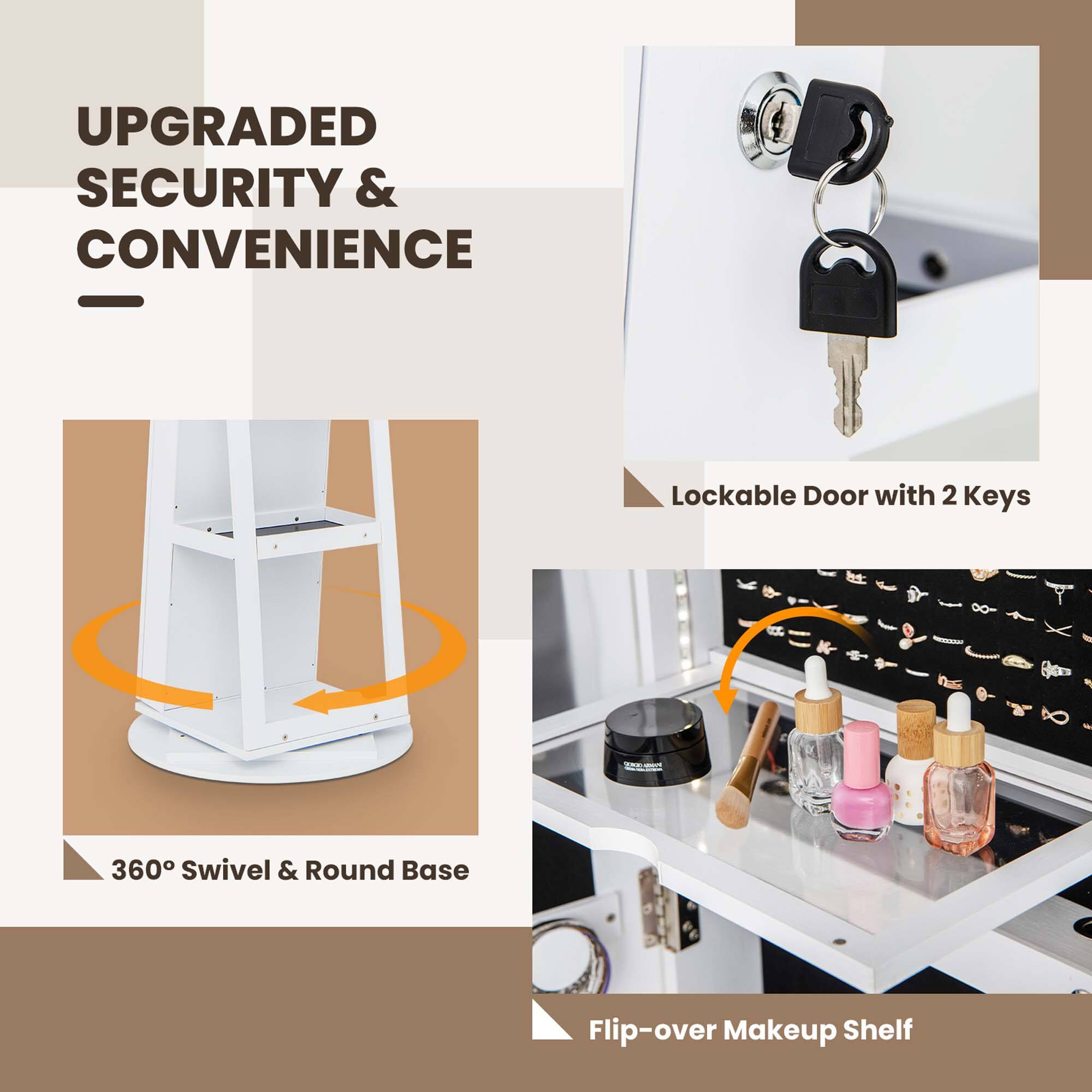 UPGRADED SECURITY & CONVENIENCE: Lockable Door with 2 Keys, 360 Swivel & Round Base, Flip-over Makeup Shelf