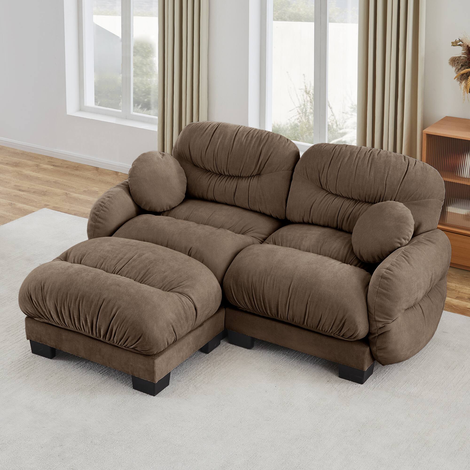 Angle. Anysun - L Shape Sectional Couch with Ottoman, Chenille Fabric, High-Density Foam & Curved Armrests for Living Room - Brown.