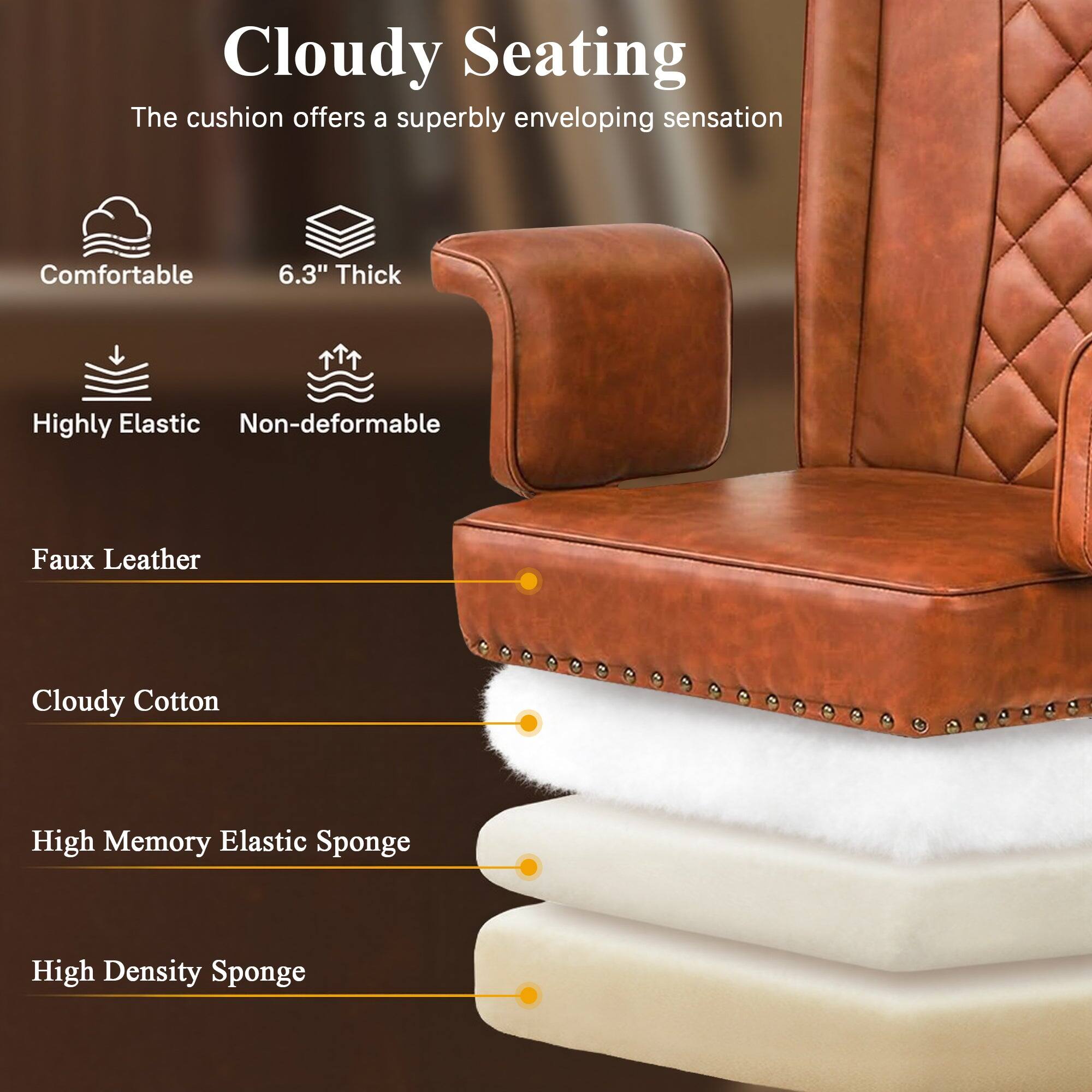 Cloudy Seating  
The cushion offers a superbly enveloping sensation  

Comfortable  
6.3" Thick  
Highly Elastic  
Non-deformable  

Faux Leather  
Cloudy Cotton  
High Memory Elastic Sponge  
High Density Sponge