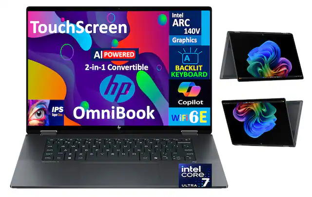TouchScreen
AI POWERED
2-in-1 Convertible
hp OmniBook
IPS Super Clear
WiFi 6E
Intel ARC 140V Graphics
BACKLIT KEYBOARD
Copilot
intel CORE ULTRA 7