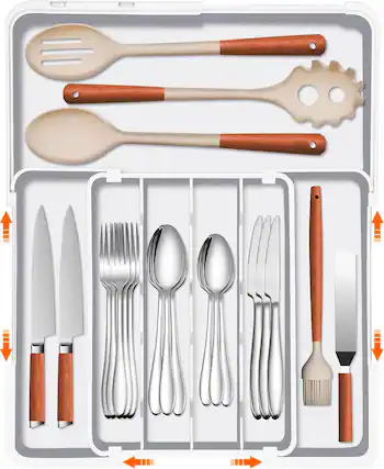 Front. RTMB - Adjustable Plastic Silverware Organizer, Expandable, BPA-Free, White - white.