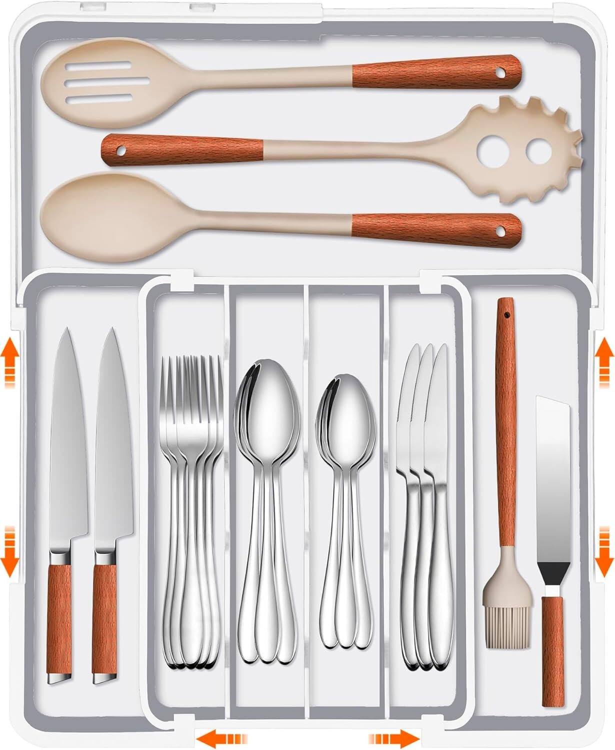 Front. RTMB - Adjustable Plastic Silverware Organizer, Expandable, BPA-Free, White - white.