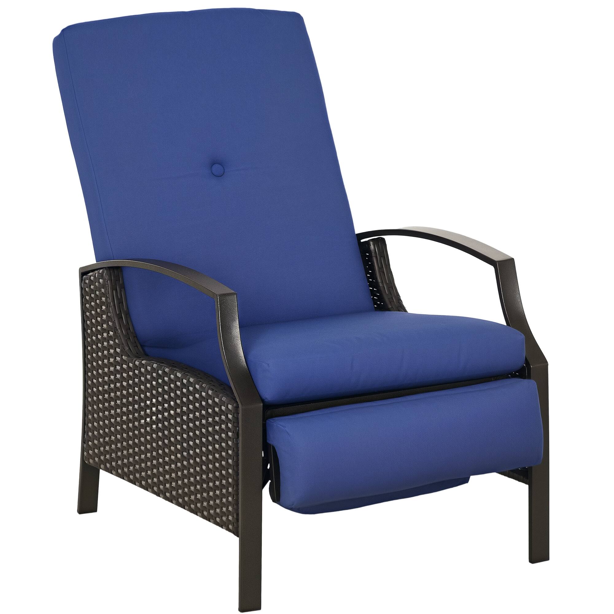 Outsunny - Outdoor Recliner Chair, Reclining Patio Lounge Chair with Comfy Cushions, Footrest, Armrests, PE Wicker - Dark Blue