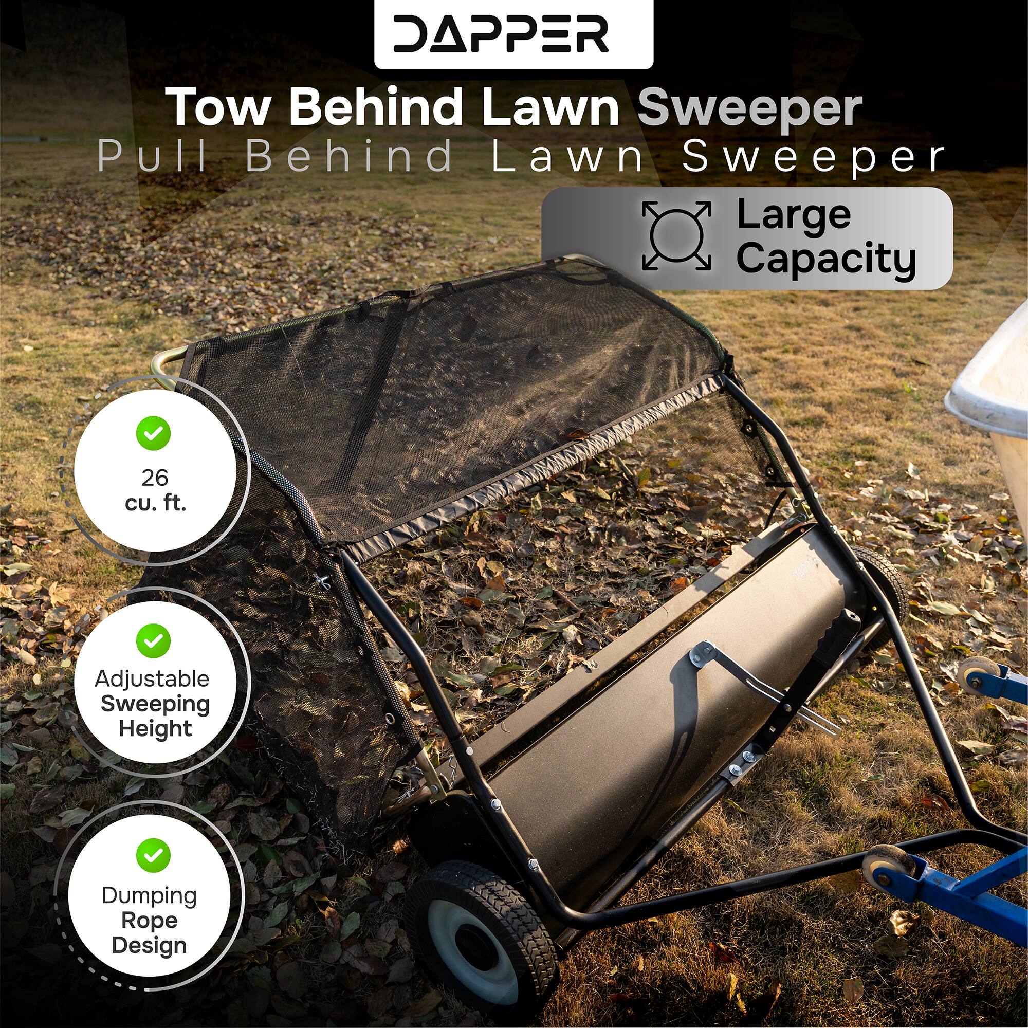 DAPPER Tow Behind Lawn Sweeper Pull Behind Lawn Sweeper Large Capacity 26 CU. ft. Adjustable Sweeping Height Dumping Rope Design
