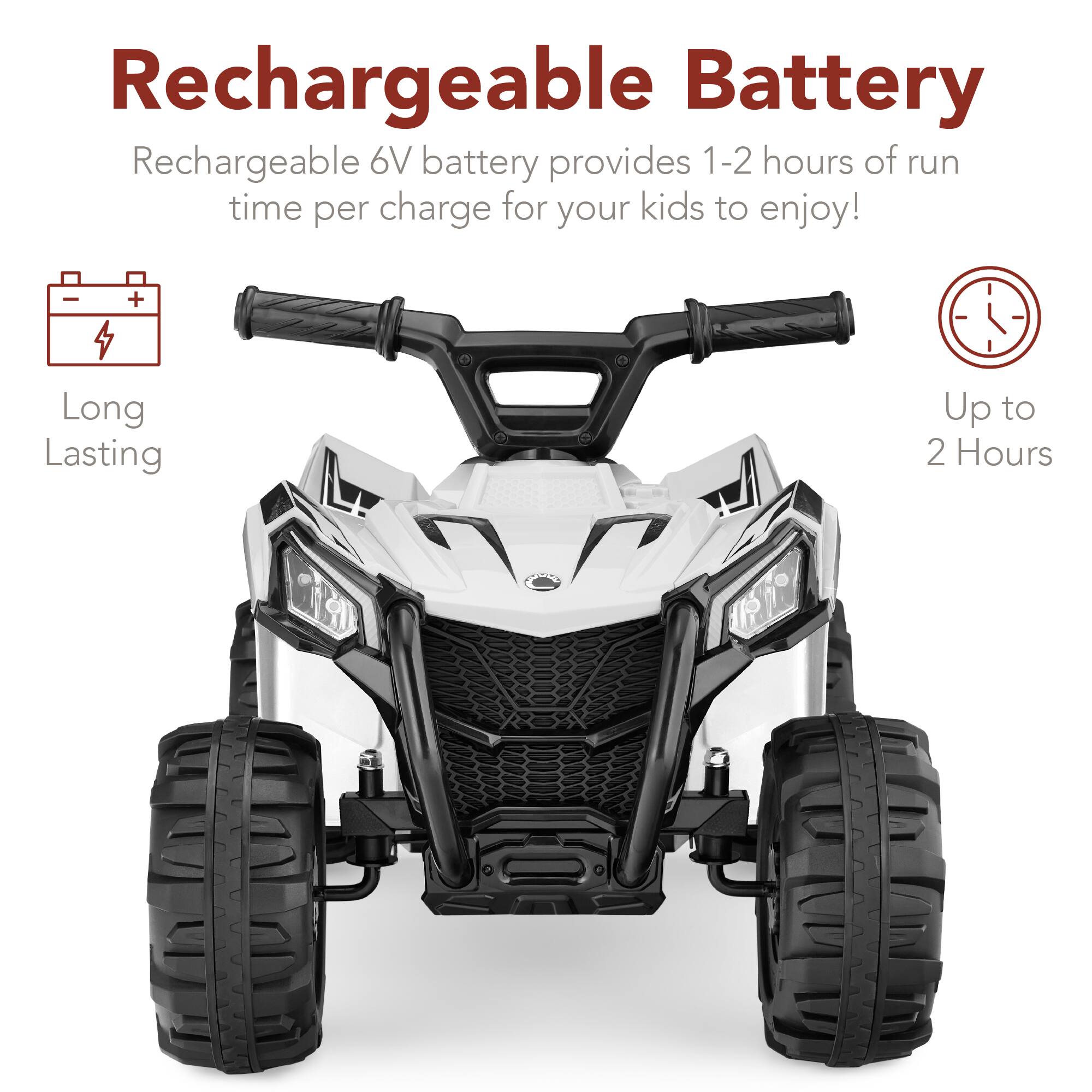Rechargeable Battery: Rechargeable 6V battery provides 1-2 hours of run time per charge for your kids to enjoy! Long Lasting - Up to 2 Hours.