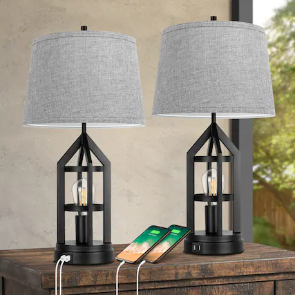 Front. Nordic Hygge - Farmhouse Table Lamps for Living Room Set of 2, 3-Way Dimmable Touch Control Bedside Lamps with 2 USB Charging Ports - Rustic Farmhouse.