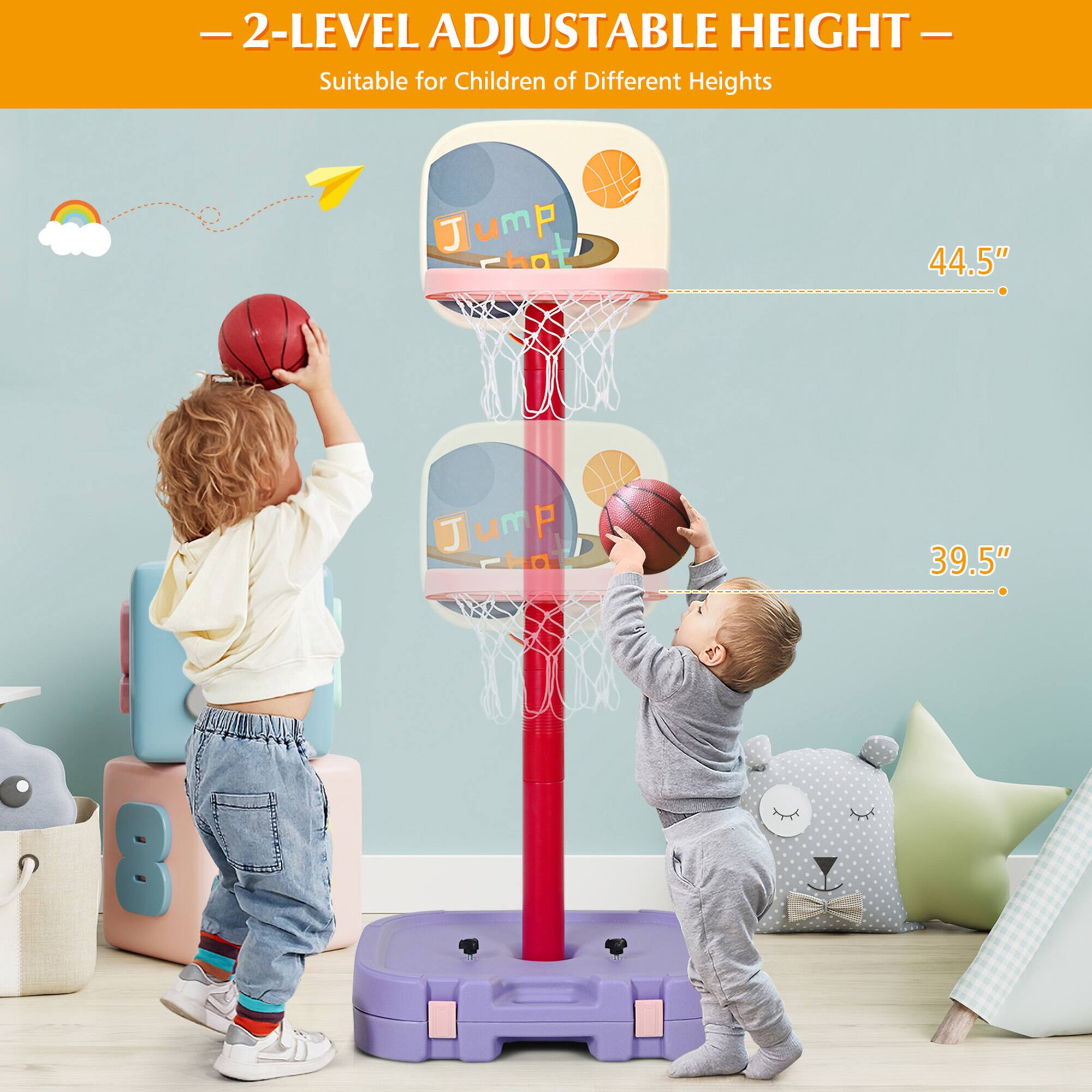 - 2-LEVEL ADJUSTABLE HEIGHT -  
Suitable for Children of Different Heights  
Jump Shot 44.5" | Jump Shot 39.5"