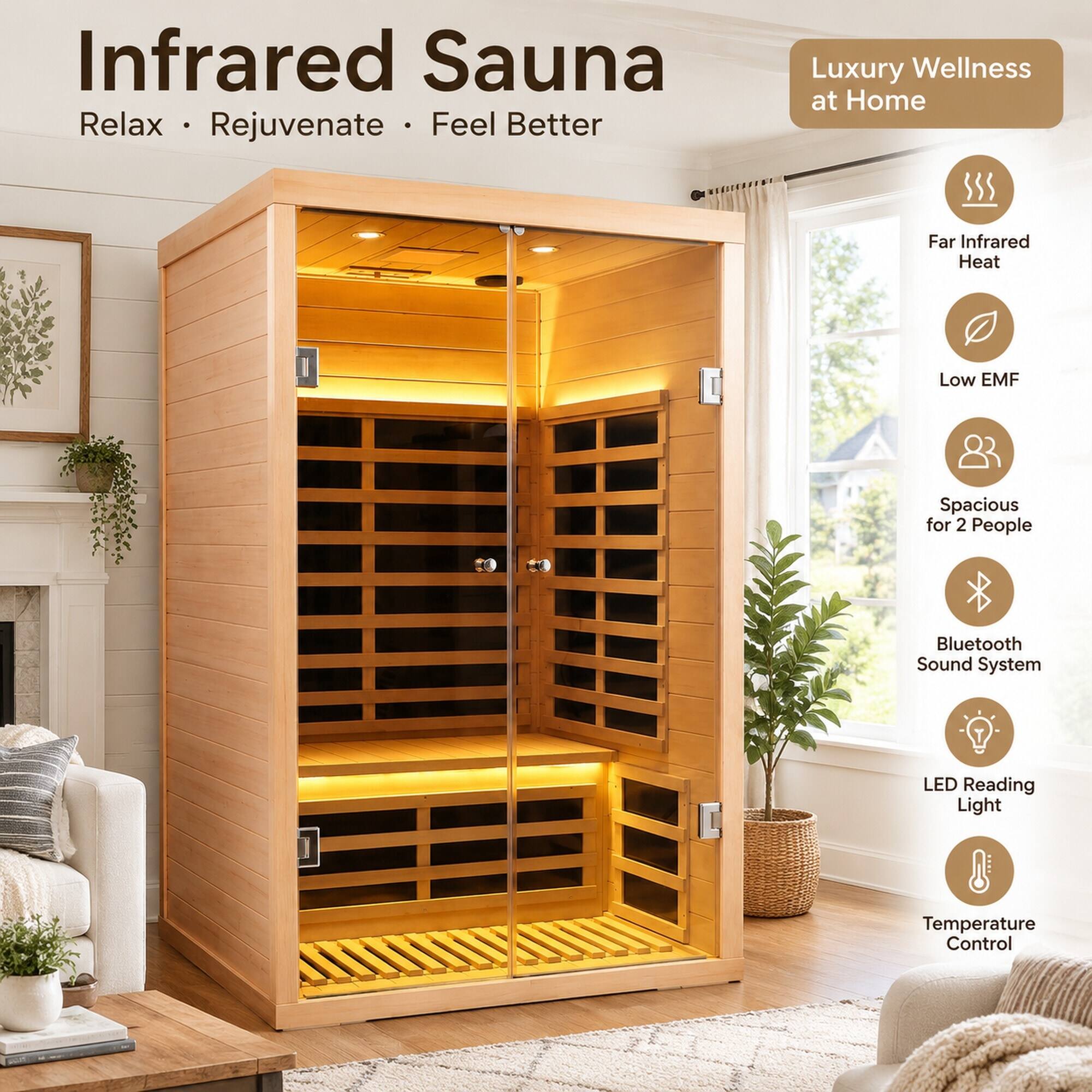 Infrared Sauna  
Relax • Rejuvenate • Feel Better  
Luxury Wellness at Home  

WEELCOREEDS  
Far Infrared Heat  
Low EMF  
Spacious for 2 People  
Bluetooth Sound System  
LED Reading Light  
Temperature Control