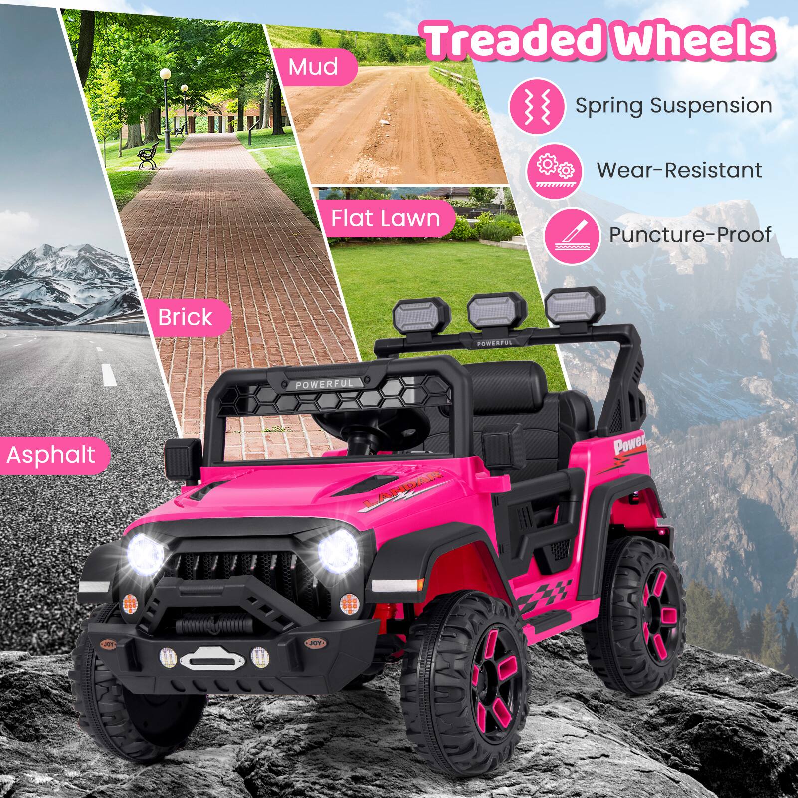 Treaded Wheels

- Mud
- Spring Suspension
- Wear-Resistant
- Puncture-Proof

- Flat Lawn
- Brick
- Asphalt

POWERFUL