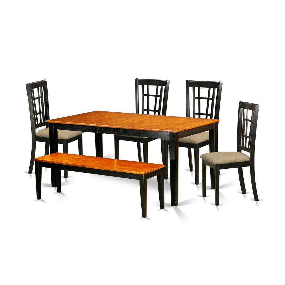 Left. East West Furniture - NICO6-BLK-C 6 PC Kitchen Table set-Dining Table and 4 Dining Chairs plus a bench in Black - Black & Cherry.