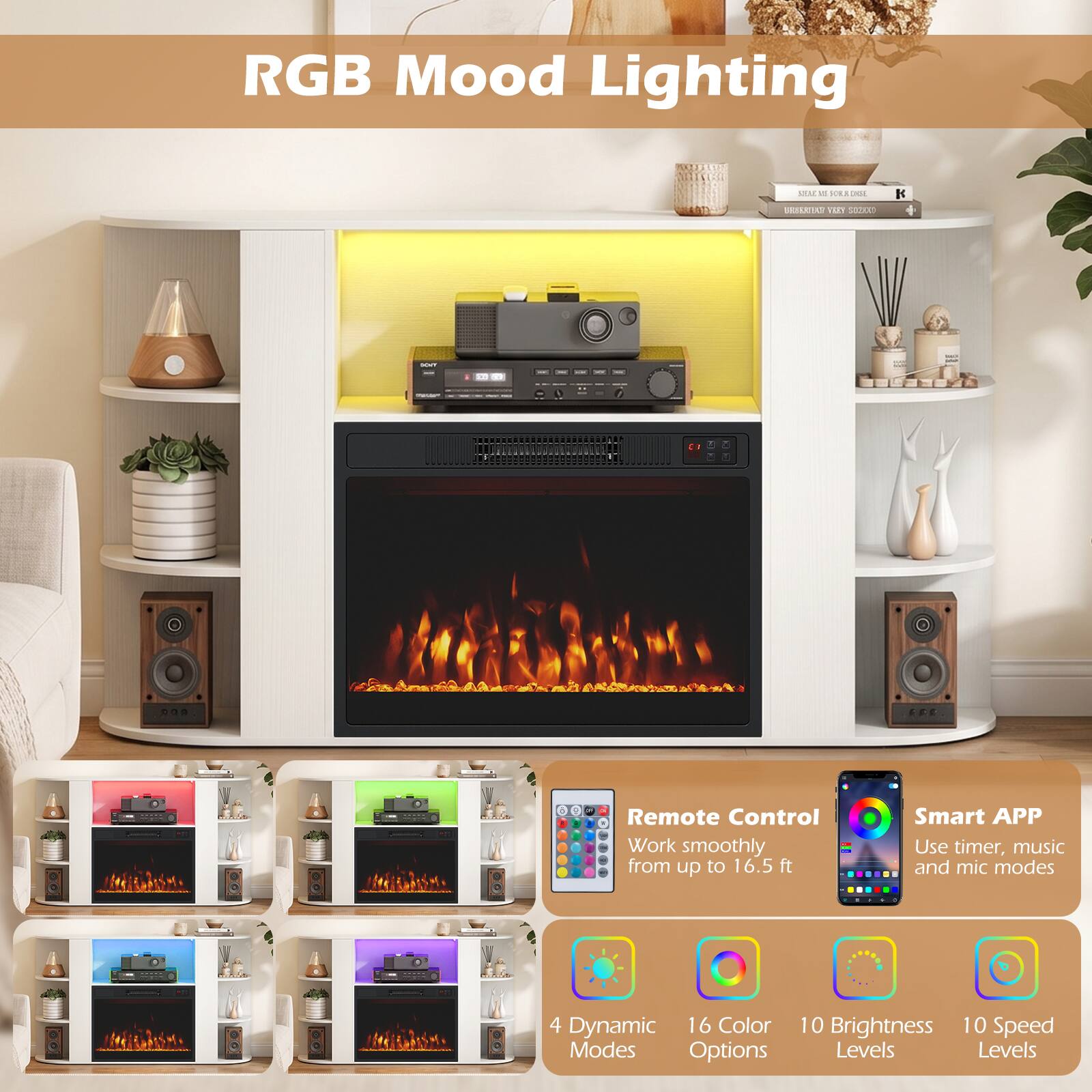 RGB Mood Lighting

SEAL 4 SOLE INSE DNIVERSIDATE 1100 SOZAKO

K
SCHT
...

Remote Control
Work smoothly from up to 16.5 ft

Smart APP
Use timer, music and mic modes

4 Dynamic 16 Color Modes Options
10 Brightness 10 Speed Levels