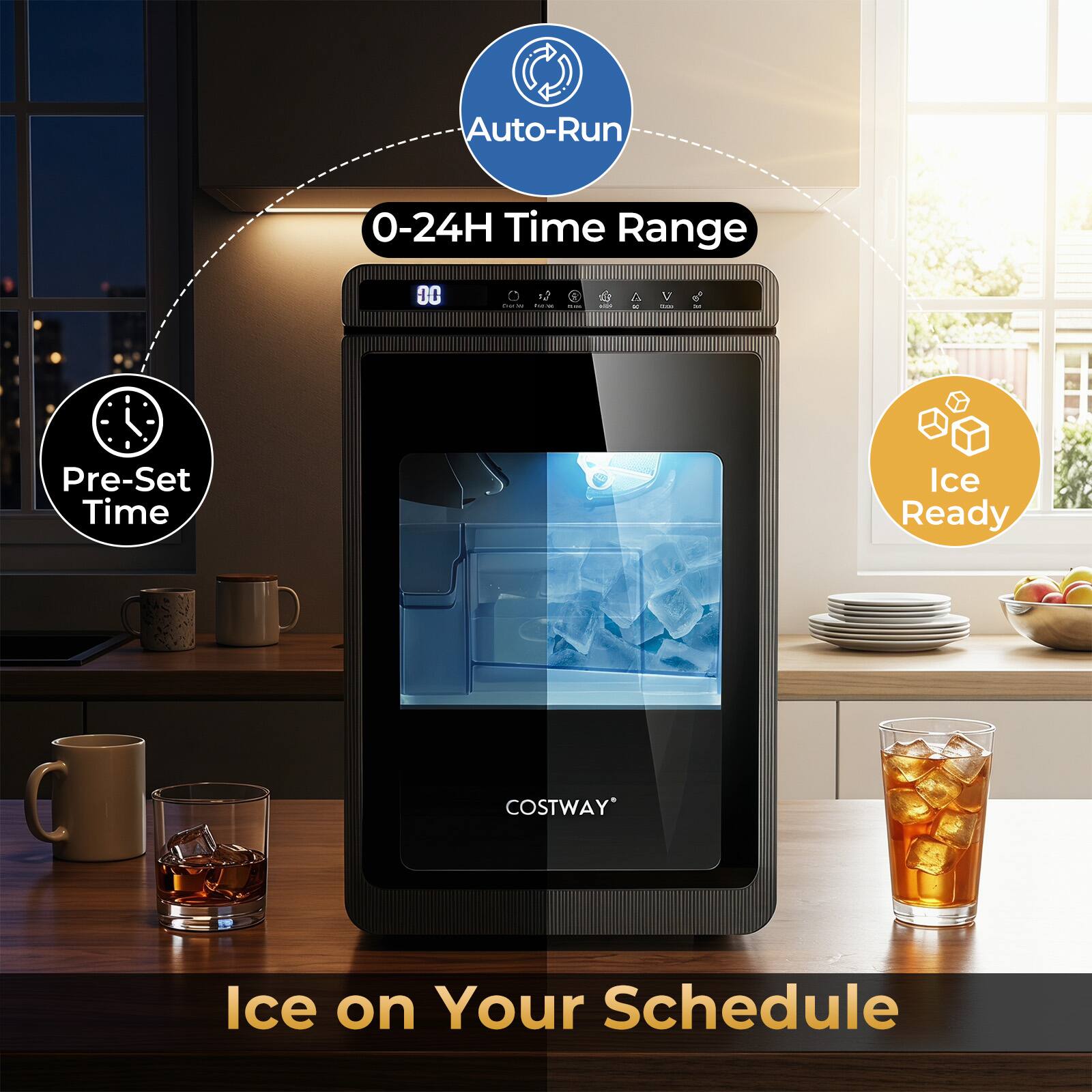 Auto-Run  
0-24H Time Range  
Pre-Set Time  
Ice Ready  
COSTWAY Ice on Your Schedule