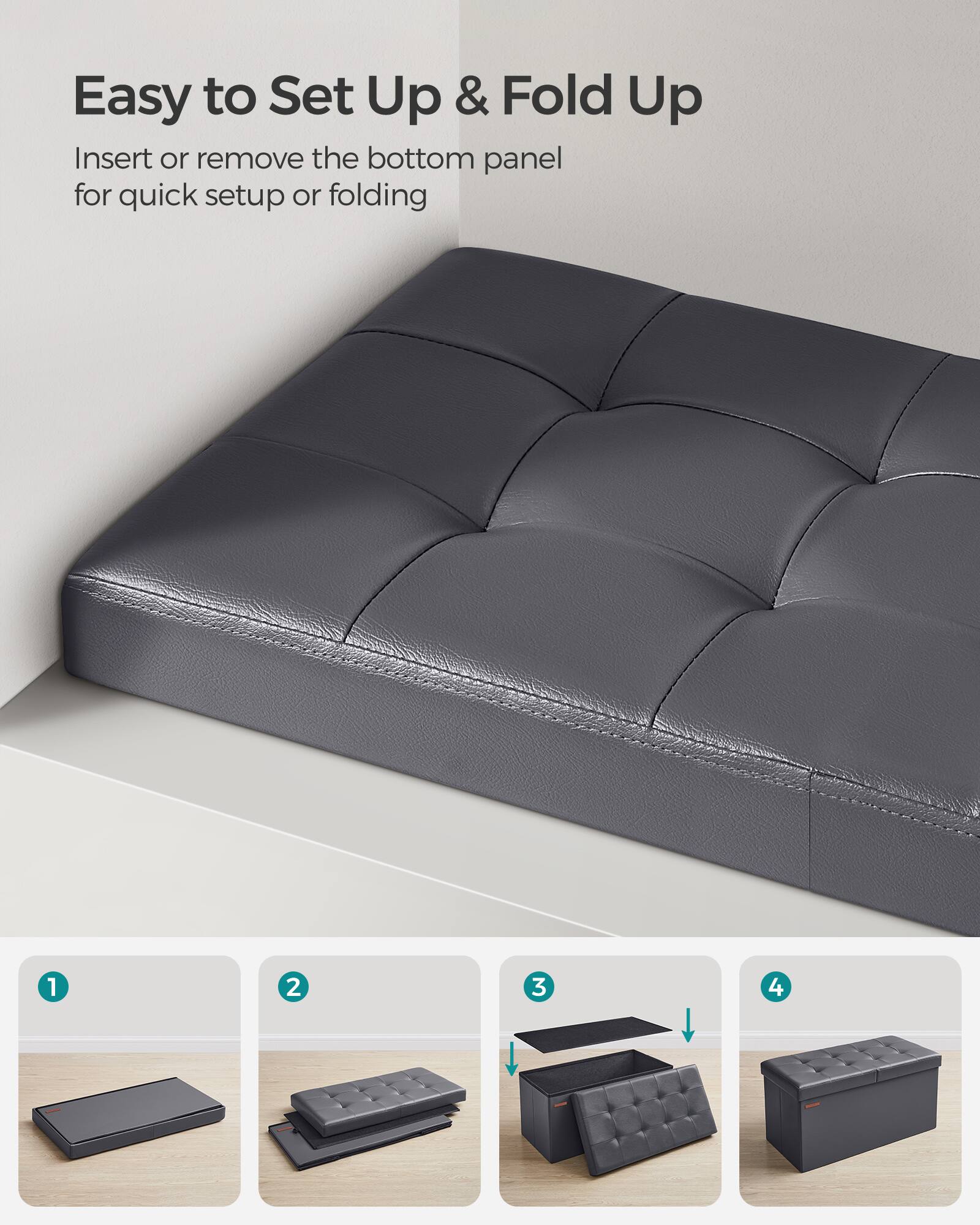 Easy to Set Up & Fold Up

Insert or remove the bottom panel for quick setup or folding

1. [Image of a flat panel]
2. [Image of a partially assembled sofa]
3. [Image of a partially assembled sofa with a panel]
4. [Image of a fully assembled sofa]