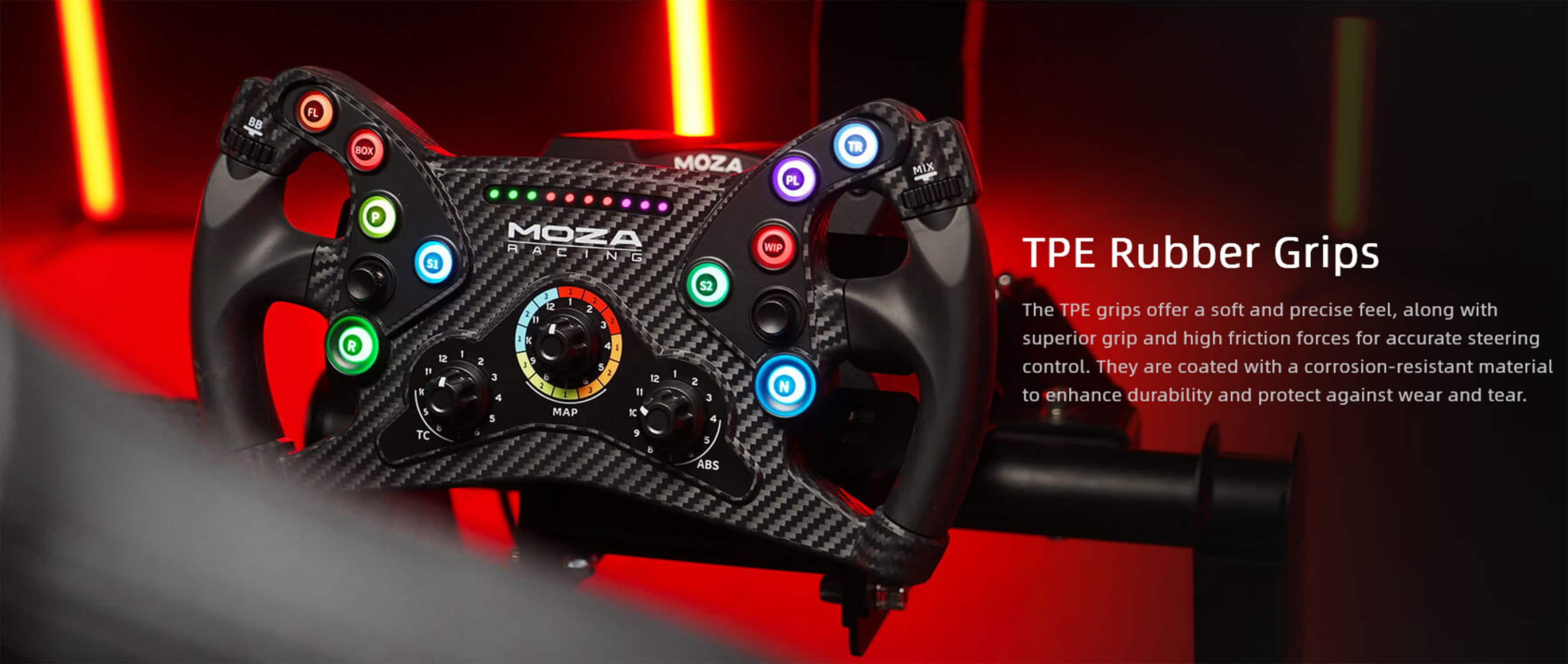 TPE Rubber Grips The TPE grips offer a soft and precise feel, along with superior grip and high friction forces for accurate steering control. They are coated with a corrosion-resistant material to enhance durability and protect against wear and tear.