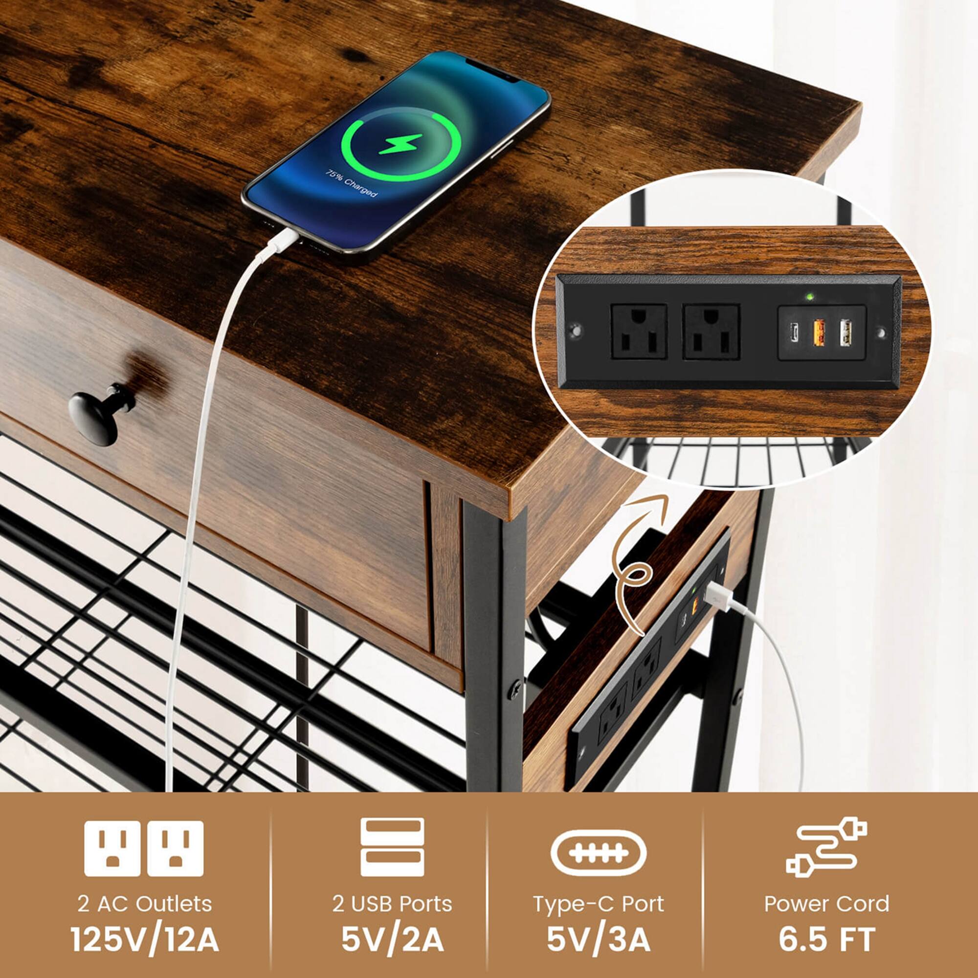 The image shows a cell phone charging on a wooden desk. The cell phone is connected to a charger, which is plugged into a power strip. The power strip has two AC outlets and two USB ports, providing a convenient way to charge multiple devices at once. The charger is also equipped with a power cord, which can be used to charge the cell phone directly from the wall outlet. The image is advertising a product that offers a combination of charging options and convenience for users.