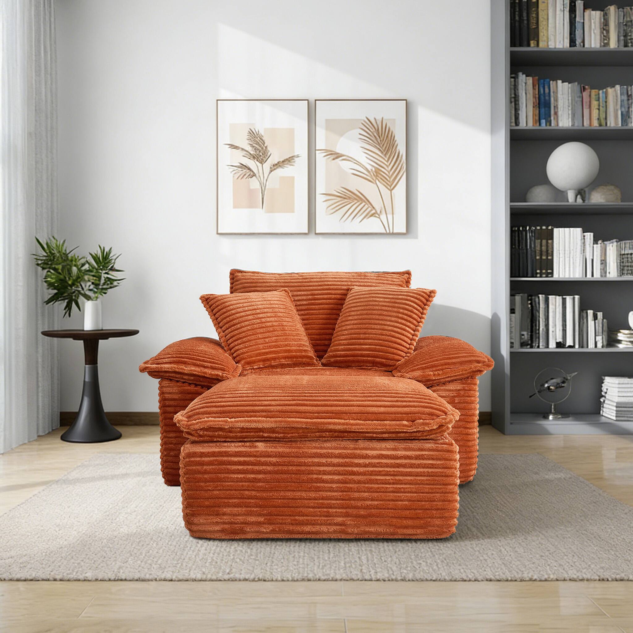 Angle. Electra Tech Xpress - 48" Boneless Couch with Removable Ottoman,Oversized Upholstered Lounge Sofa Bed with Pillows,No Assembly - Orange.