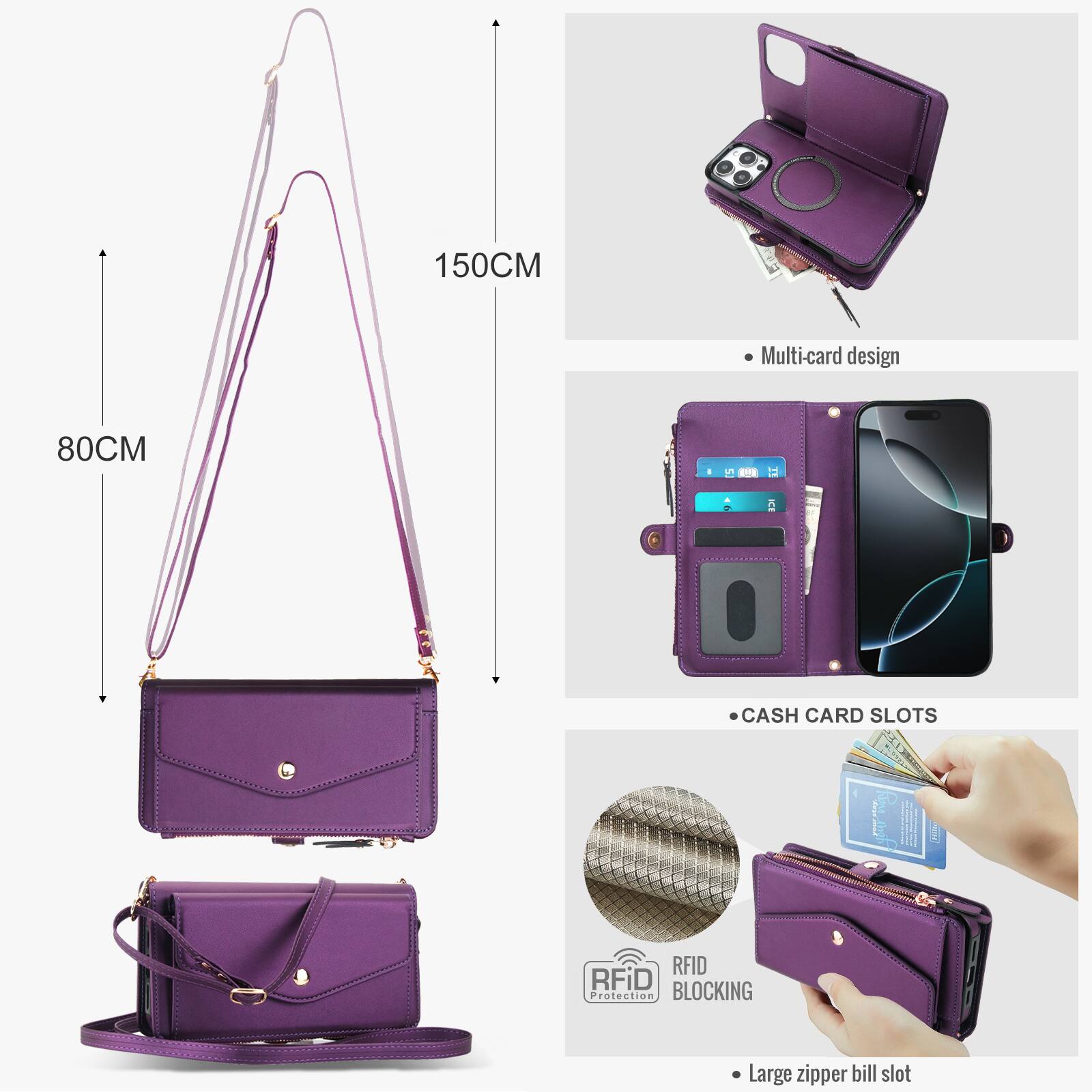 150CM Multi-card design 80CM  
SE CASH CARD SLOTS RFID RFiD Protection BLOCKING Large zipper bill slot