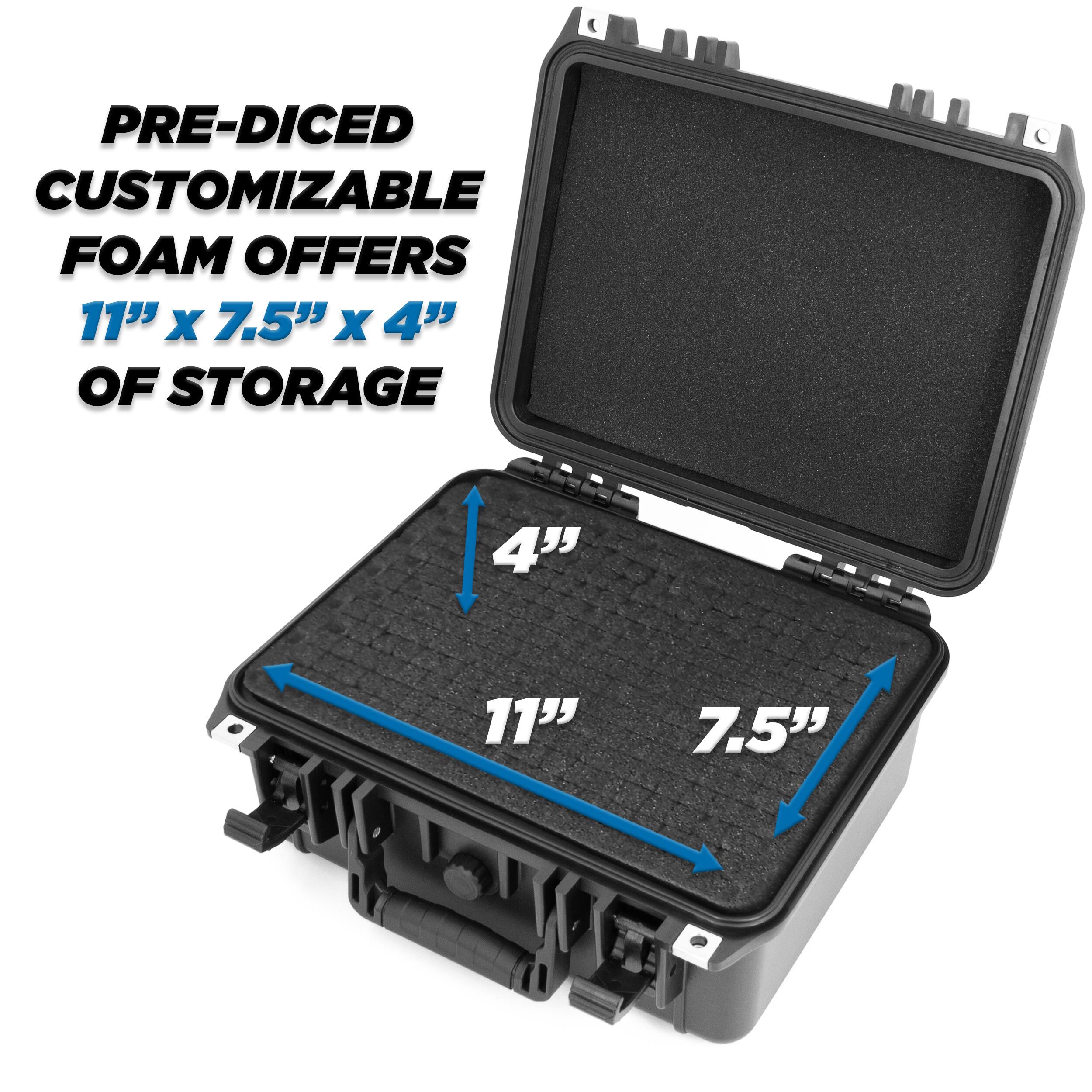PRE-DICED CUSTOMIZABLE FOAM OFFERS 11" X 7.5" X 4" OF STORAGE