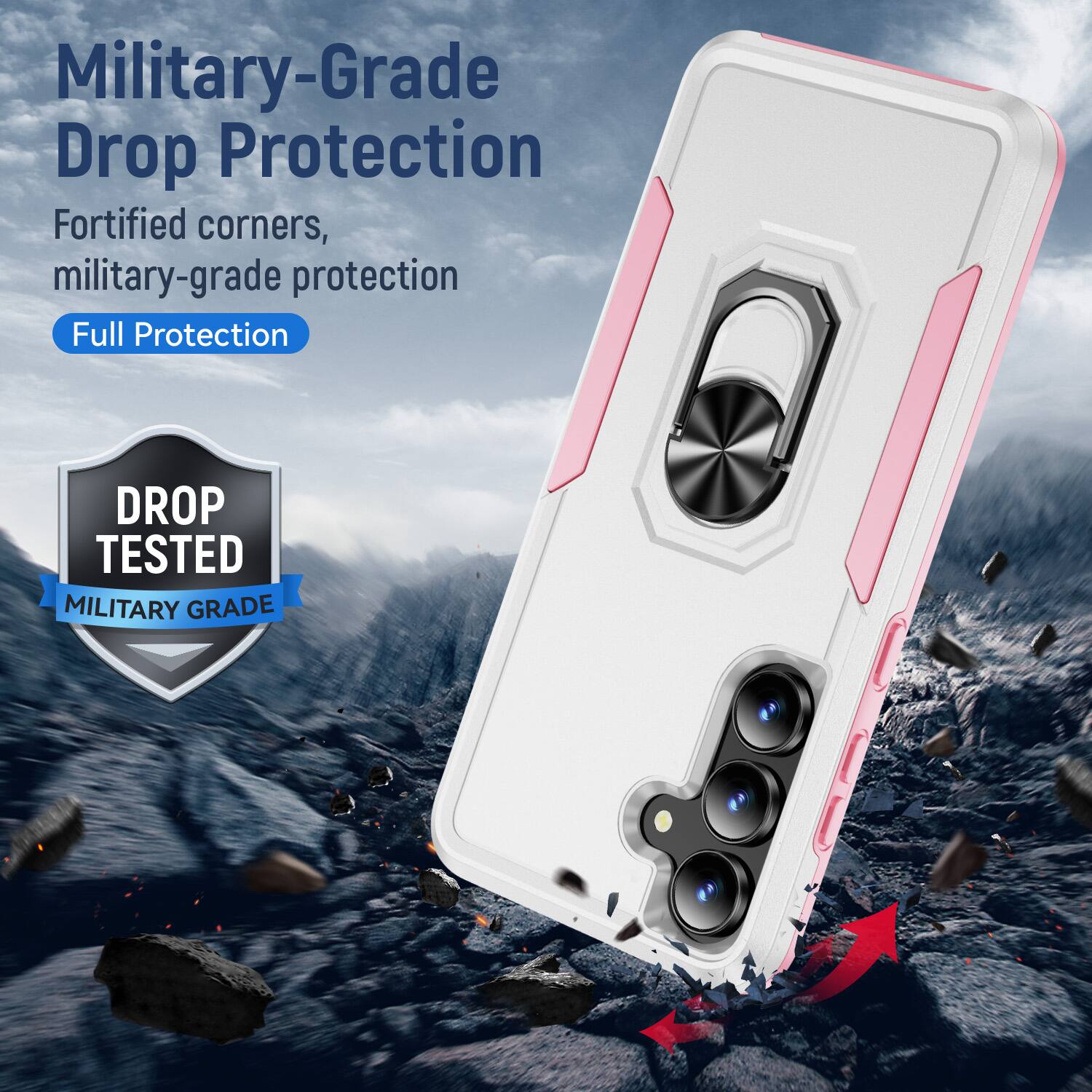 Military-Grade Drop Protection  
Fortified corners, military-grade protection  
Full Protection  

DROP TESTED  
MILITARY GRADE