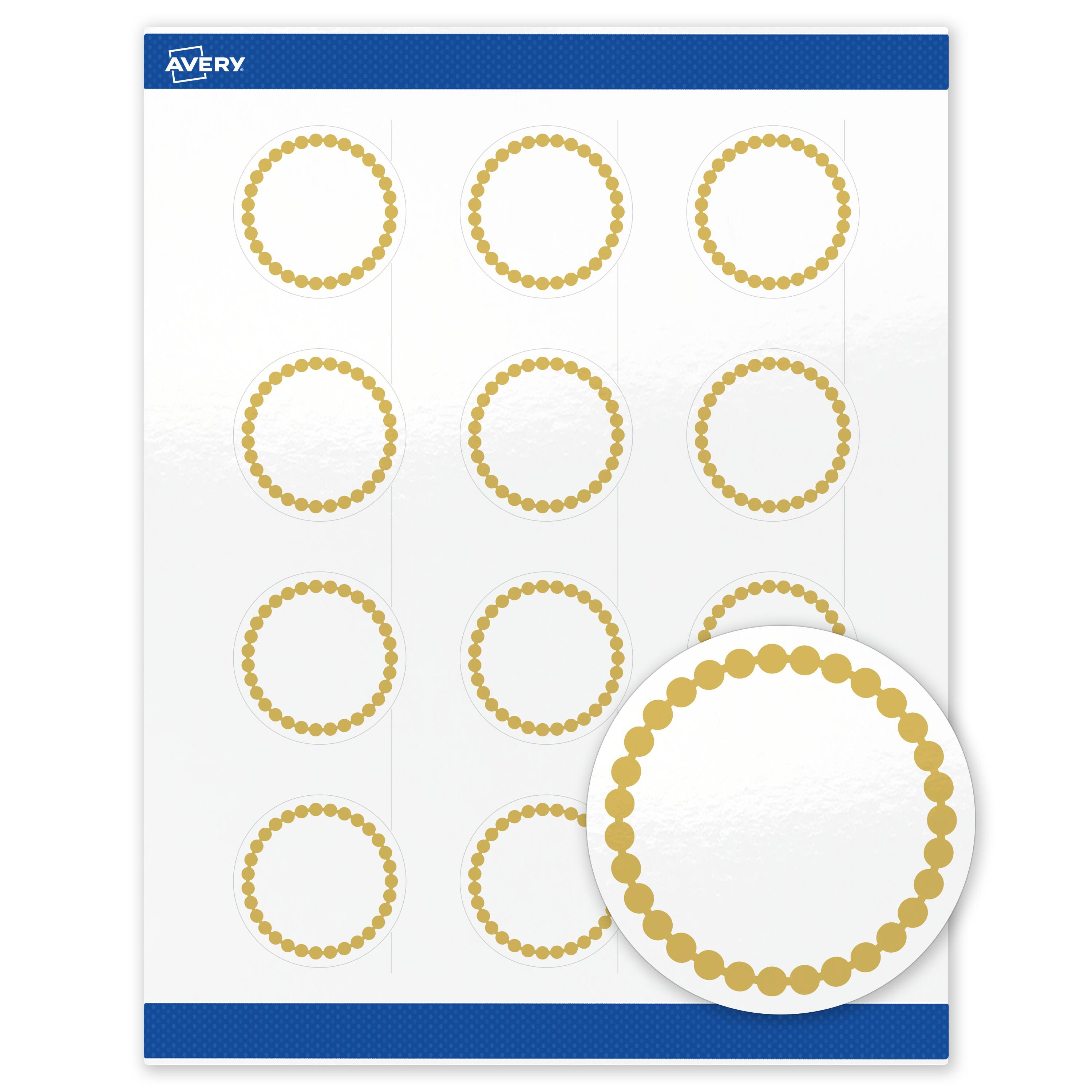 Front. Avery - Avery Labels, 2" Diameter, Glossy White, Gold Beads - White.