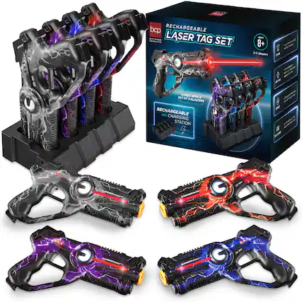 - M bcp RECHARGEABLE LASER TAG SET ages 8+ 2-4 players
- OCENT ntino_tnie
- NE /o V0 N - - nar 1 - a
- COMES WITH A SET OF 4 BLASTERS RECHARGEABLE with CHARGING STATION
- A 2E 11 AMeea ADSES
- a SASEN . DANK BASUEA
- SNUER