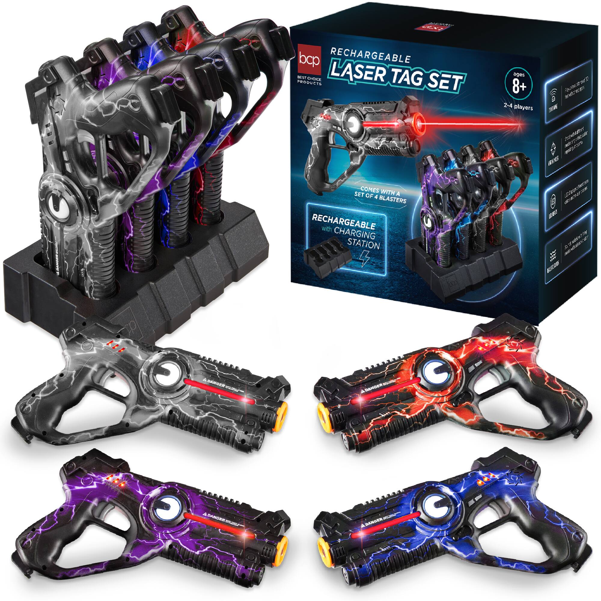 - M bcp RECHARGEABLE LASER TAG SET ages 8+ 2-4 players  
- OCENT ntino_tnie  
- NE /o V0 N - - nar 1 - a  
- COMES WITH A SET OF 4 BLASTERS RECHARGEABLE with CHARGING STATION  
- A 2E 11 AMeea ADSES  
- a SASEN . DANK BASUEA  
- SNUER