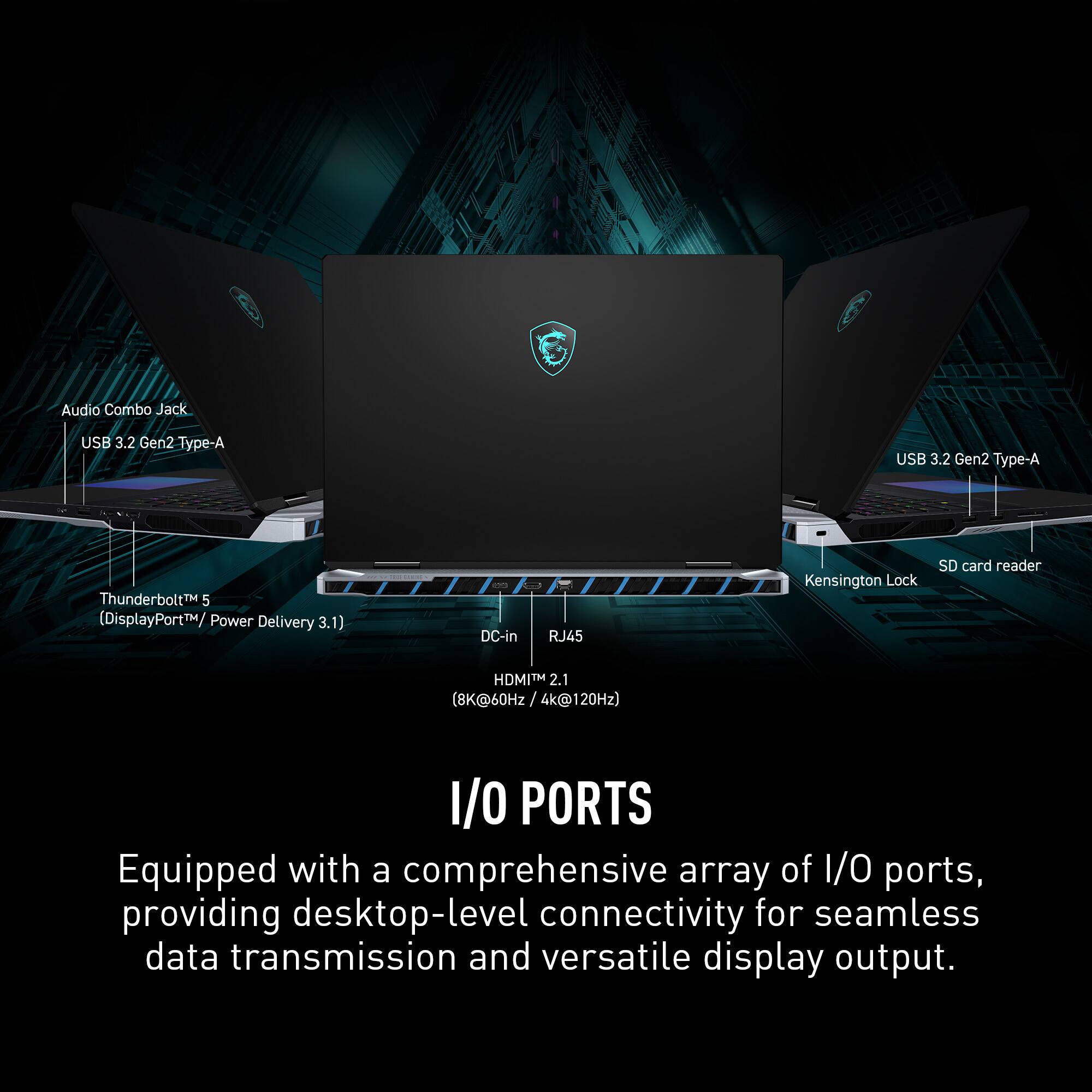 The text on the image is already grouped and correctly written. It reads: "Equipped with a comprehensive array of I/O ports, providing desktop-level connectivity for seamless data transmission and versatile display output."