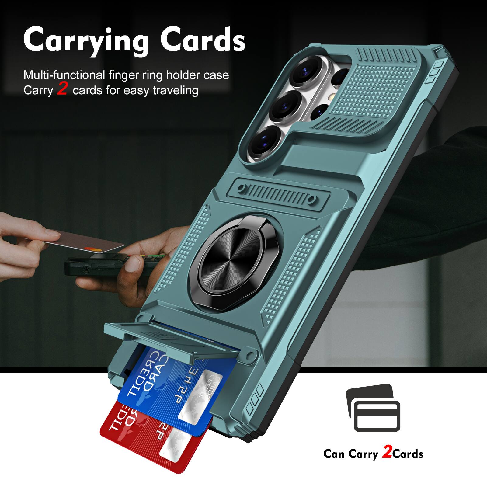 Carrying Cards

Multi-functional finger ring holder case
Carry 2 cards for easy traveling

Can Carry 2 Cards