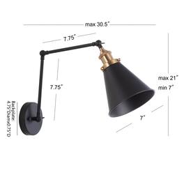 Jonathan Y - Rover 7" Classic Industrial Metal Adjustable Arm LED Wall Sconce, /Brass Gold - Black