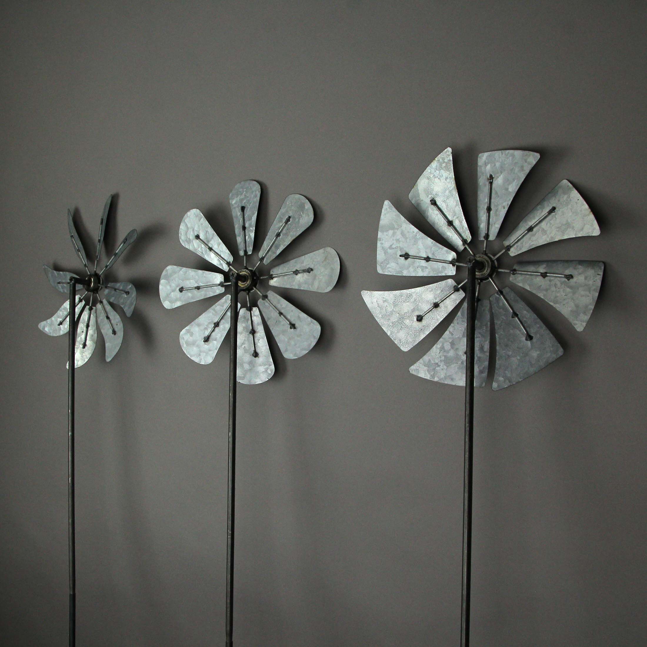 Alt View 5. Zeckos - 41 Inch Metal Kinetic Wind Spinner Garden Stakes Outdoor Decorations Set of 3 - Grey.