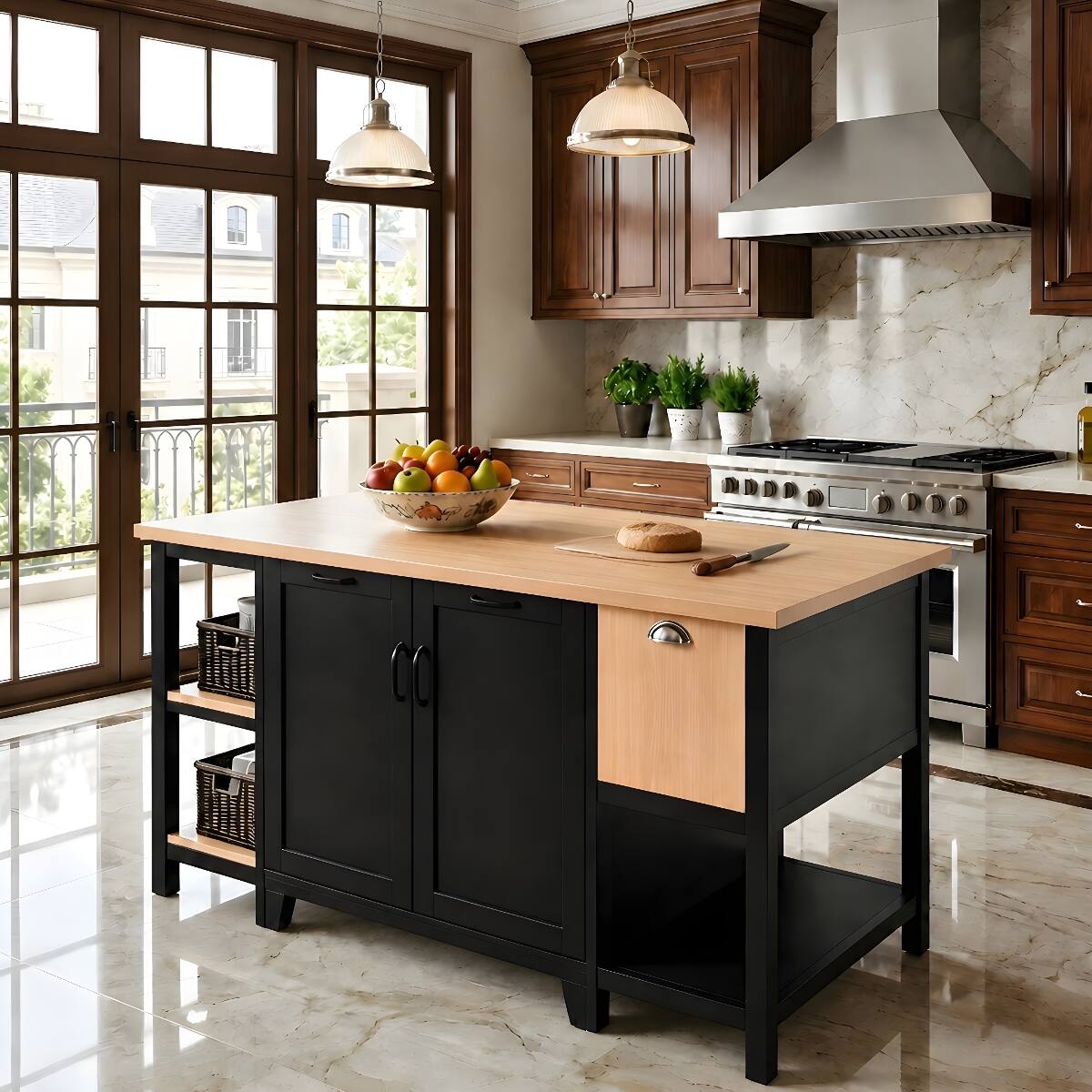 Angle. Loheer - Loheer 58 inch freestanding kitchen island, kitchen prep table with storage, black and natural wood tone - Black + Natural.